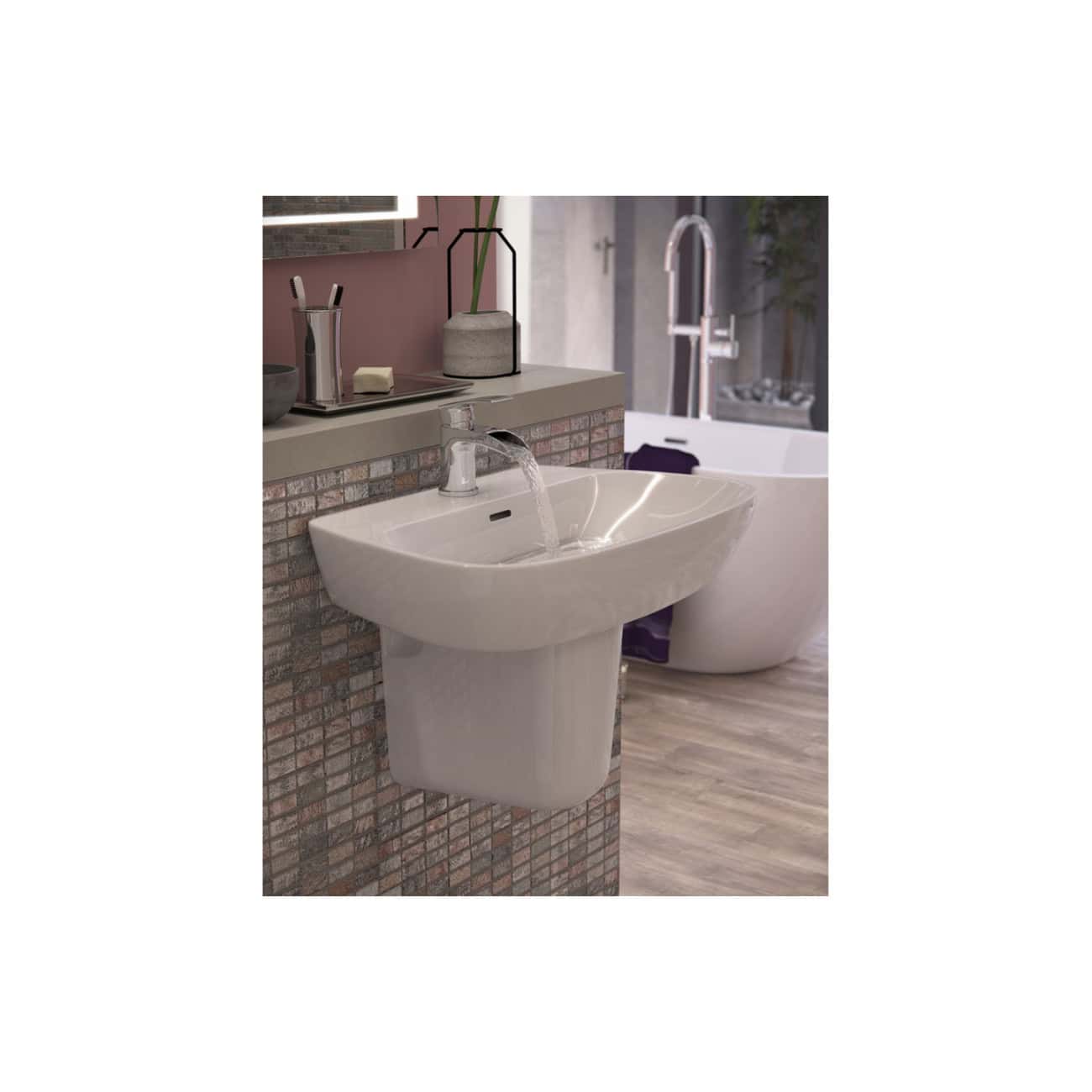 Sleek white bathroom sink with modern chrome faucet mounted on a brick feature wall, complemented by contemporary bathroom accessories for stylish bathroom decor.