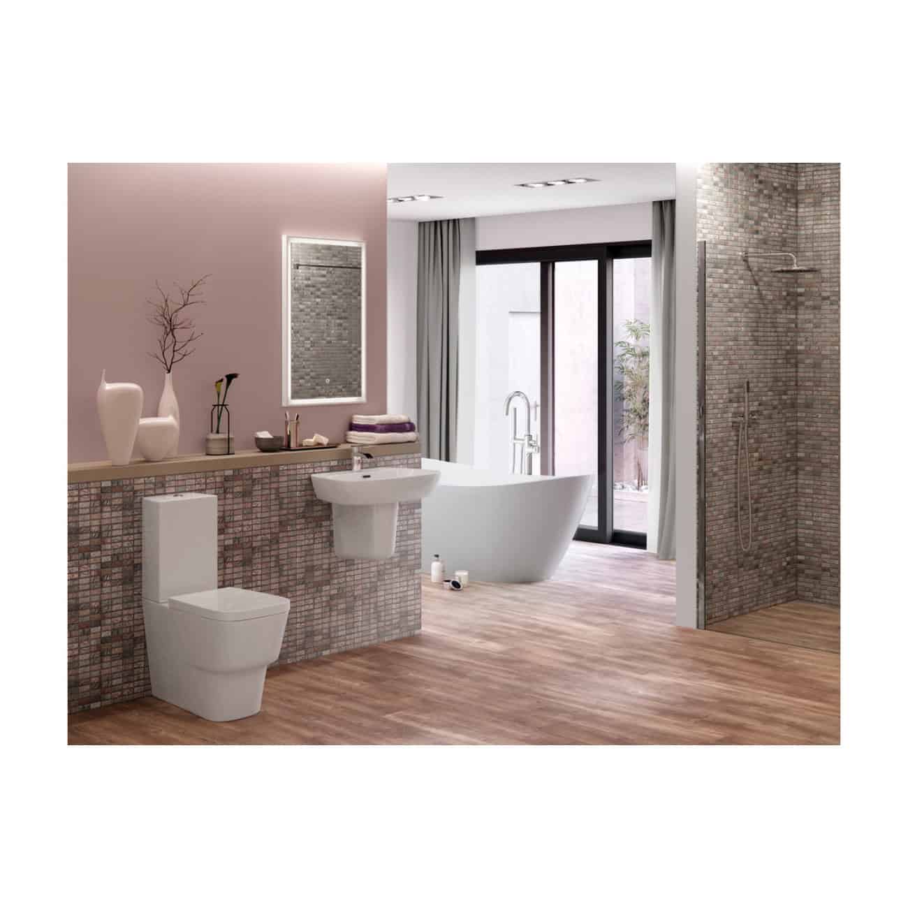 Modern luxury bathroom with freestanding bathtub, walk-in shower, and contemporary fixtures featuring stylish tile and wooden flooring, creating a sleek, relaxing spa-like atmosphere.