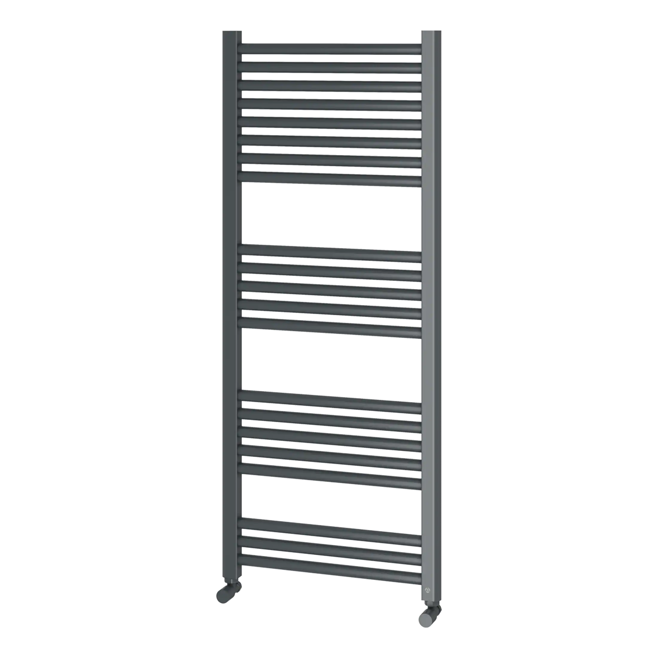 Stacked towel radiator in modern bathroom design, ideal for heating and drying towels, showcasing sleek grey finish, on wheels for easy mobility, perfect for Bubly Bathrooms.