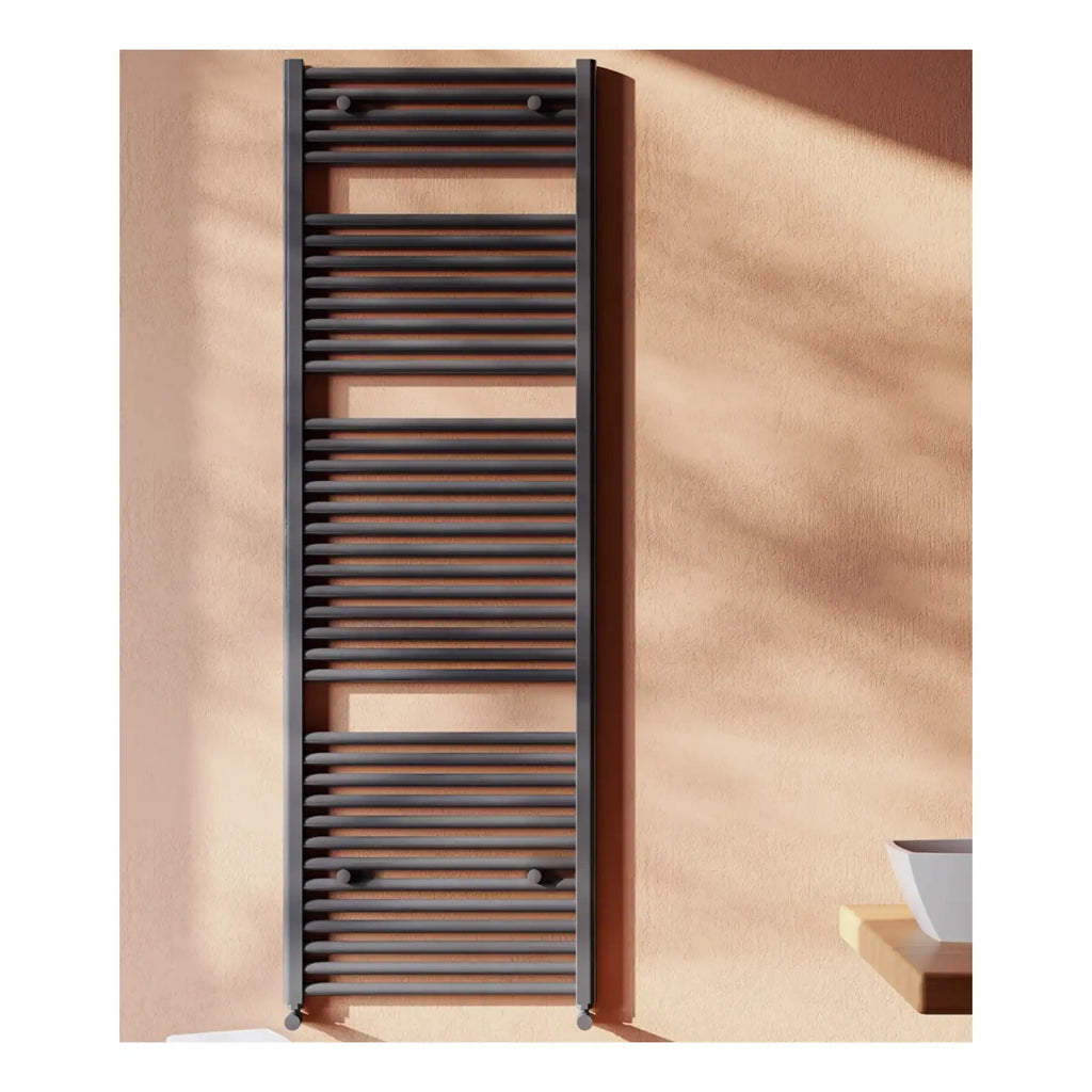 Stylish black towel radiator mounted on a warm beige bathroom wall, ideal for modern bathroom heating and towel drying solutions.