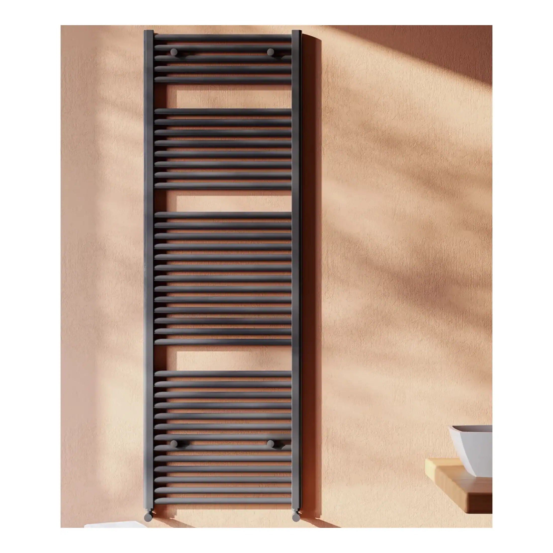Stylish black towel radiator mounted on a warm beige bathroom wall, ideal for modern bathroom heating and towel drying solutions.