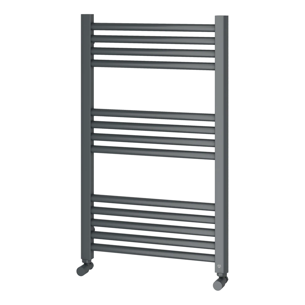 Luxe heated towel rail in modern grey finish suitable for bathroom heating and drying towels. Mobile design with castor wheels for easy portability and stylish bathroom decor.