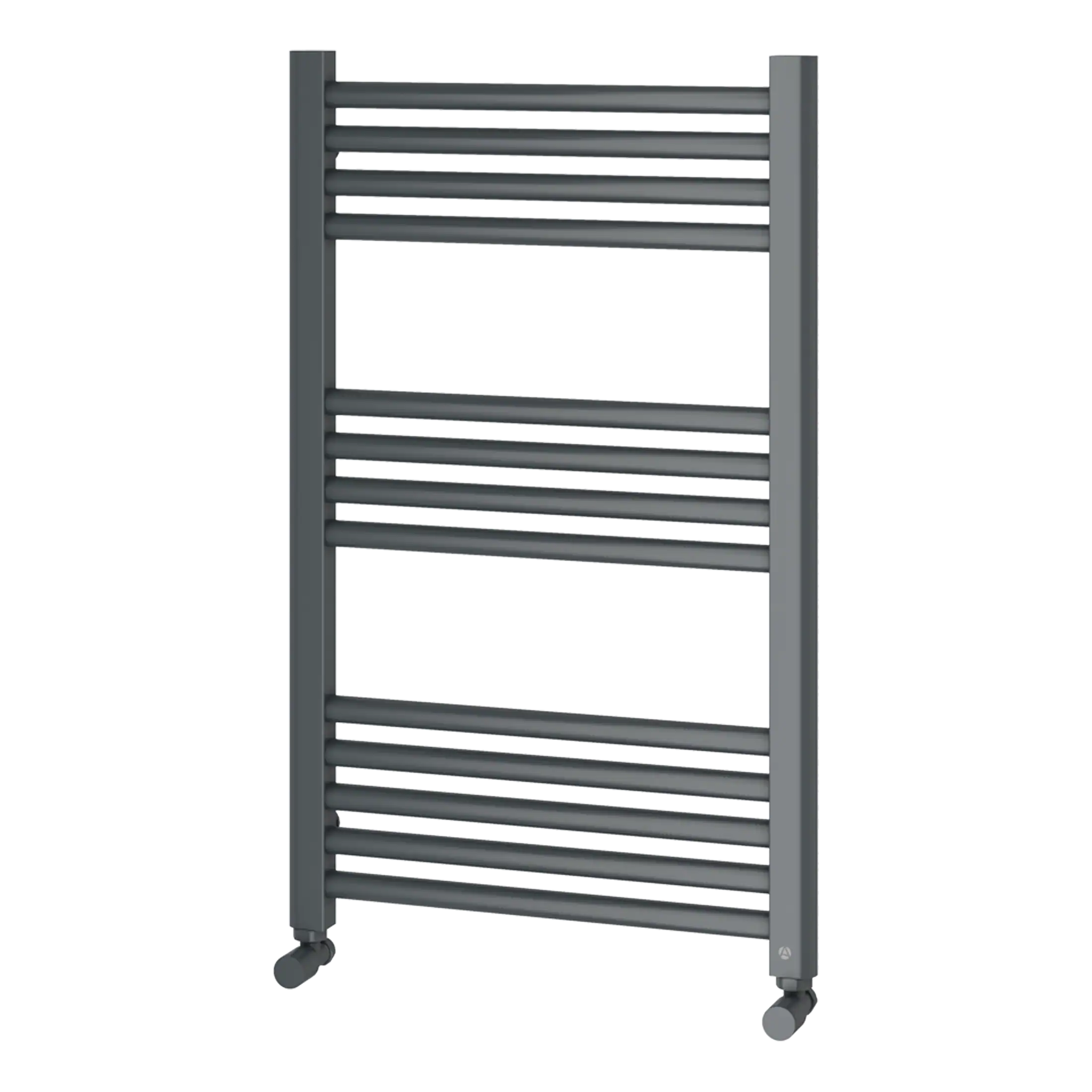 Luxe heated towel rail in modern grey finish suitable for bathroom heating and drying towels. Mobile design with castor wheels for easy portability and stylish bathroom decor.