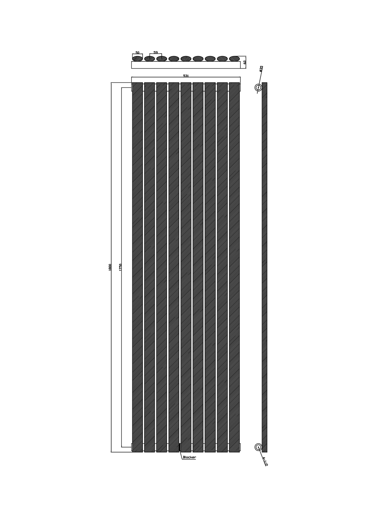 Scudo Apex Vertical White Designer Radiator - technical drawing with dimensions