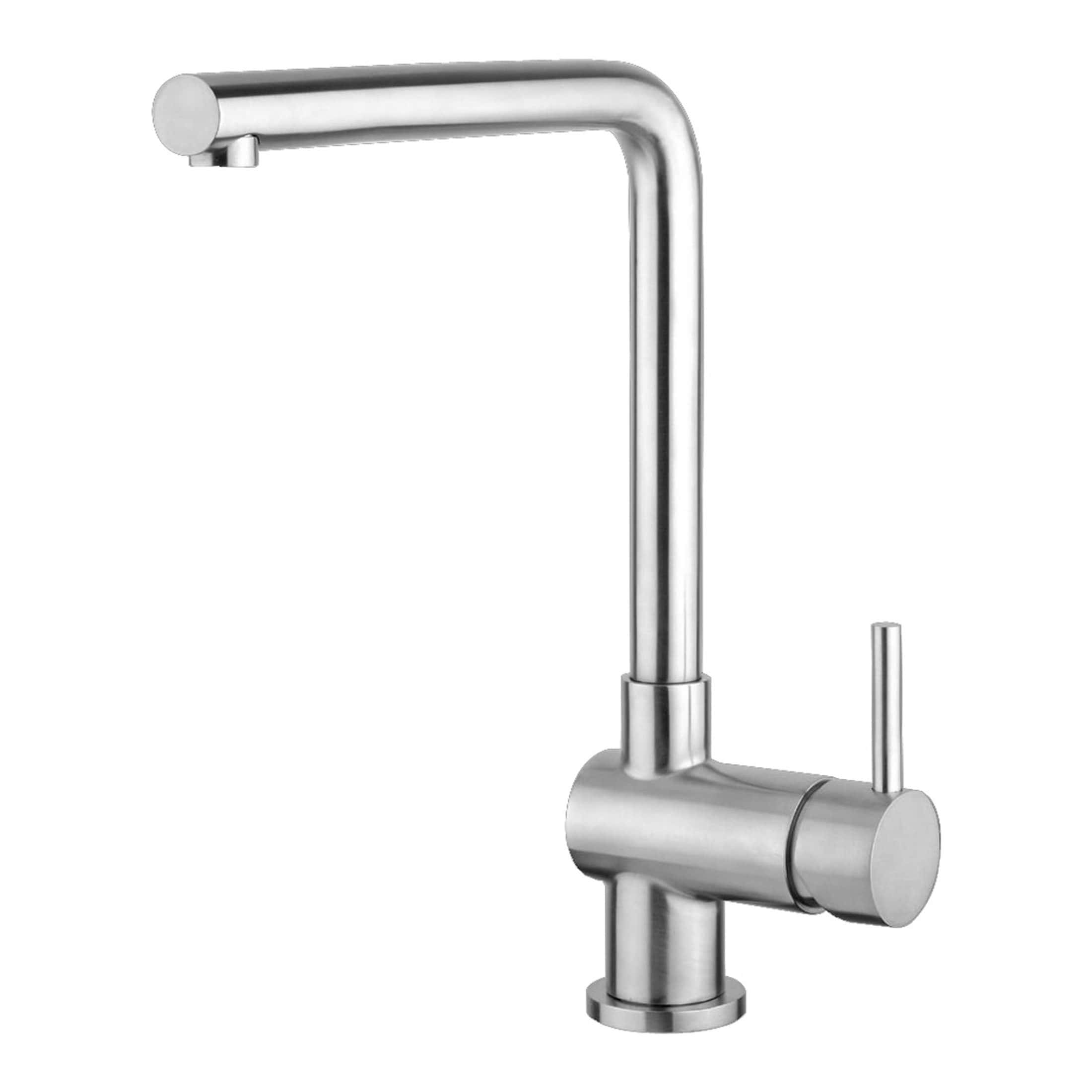 Polished stainless steel kitchen tap with high-arc spout and single lever for modern Bubly Bathrooms kitchen remodels. Perfect for contemporary kitchen sink installations.