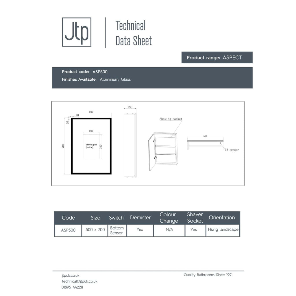 High-quality modern bathroom cabinet with built-in demister pad and IR sensor, ideal for sleek bathrooms, featuring aluminium or glass finishes, bottom sensor switch, and hung landscape orientation for efficient space use.
