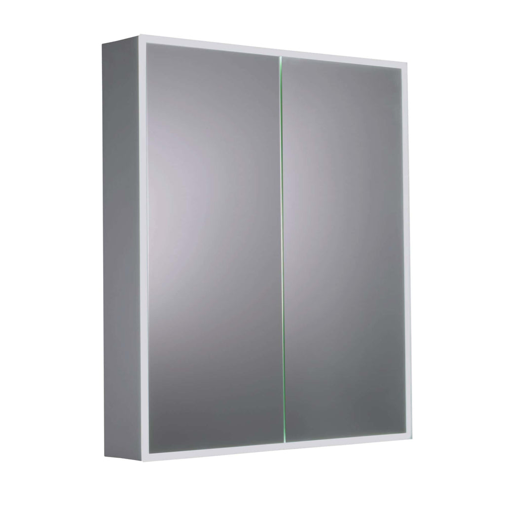 Sleek modern bathroom mirror cabinet with mirrored sliding doors and built-in LED lighting, ideal for contemporary bathrooms and storage solutions, designed by Bubly Bathrooms.
