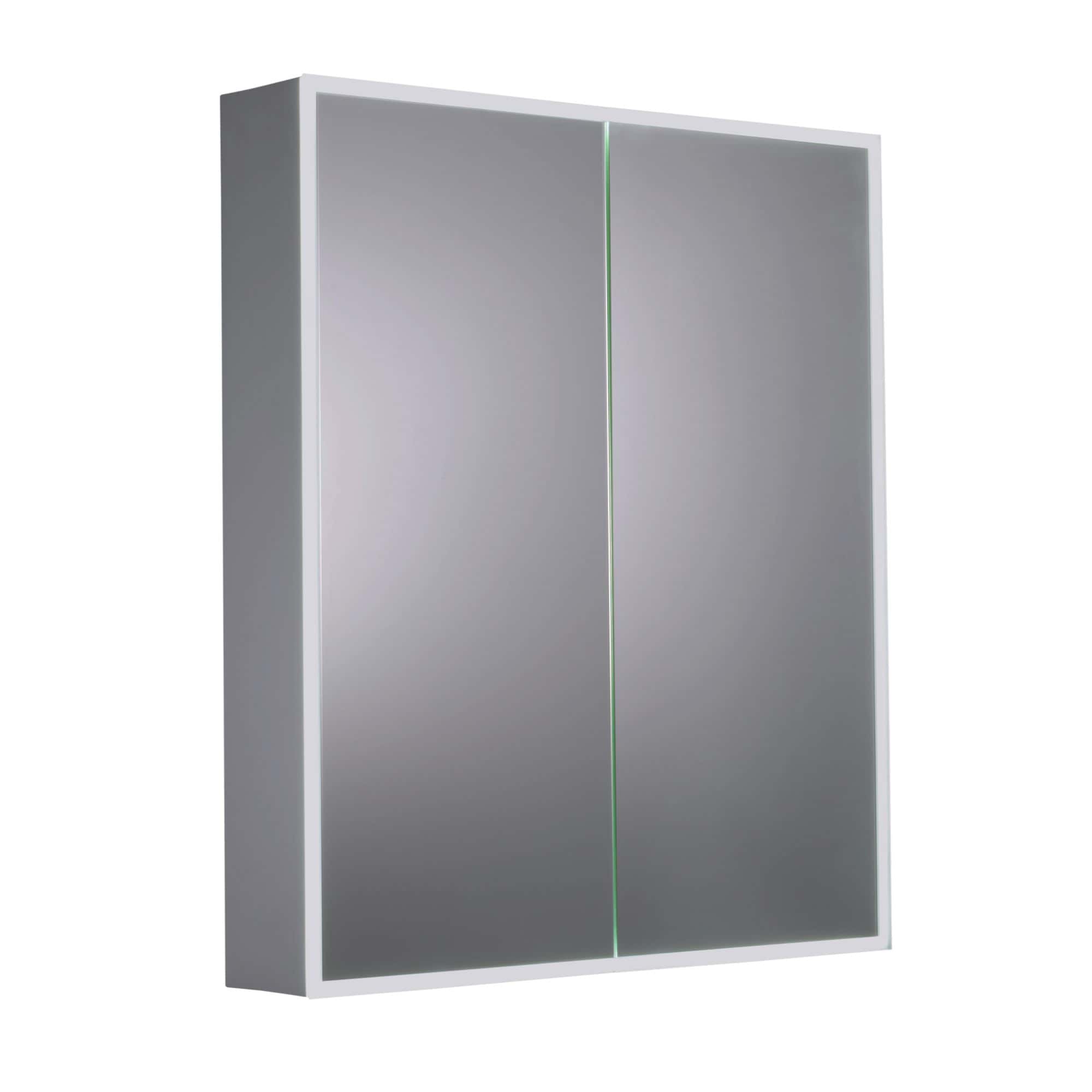 Sleek modern bathroom mirror cabinet with mirrored sliding doors and built-in LED lighting, ideal for contemporary bathrooms and storage solutions, designed by Bubly Bathrooms.