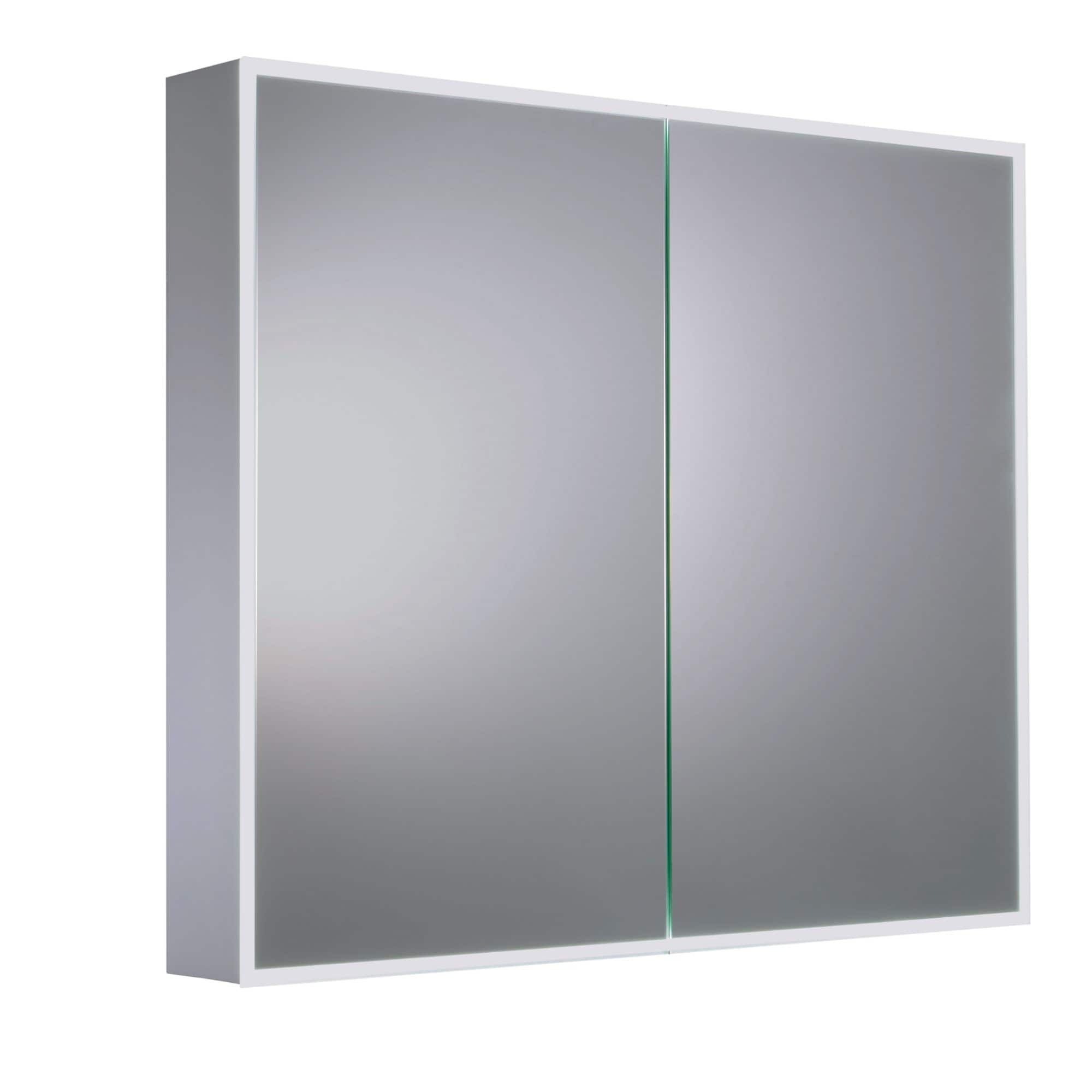 Modern bathroom mirror with LED lighting, double door mirrored cabinet, sleek and functional storage solution, ideal for contemporary bathrooms, showcasing high-quality fixtures from Bubly Bathrooms.