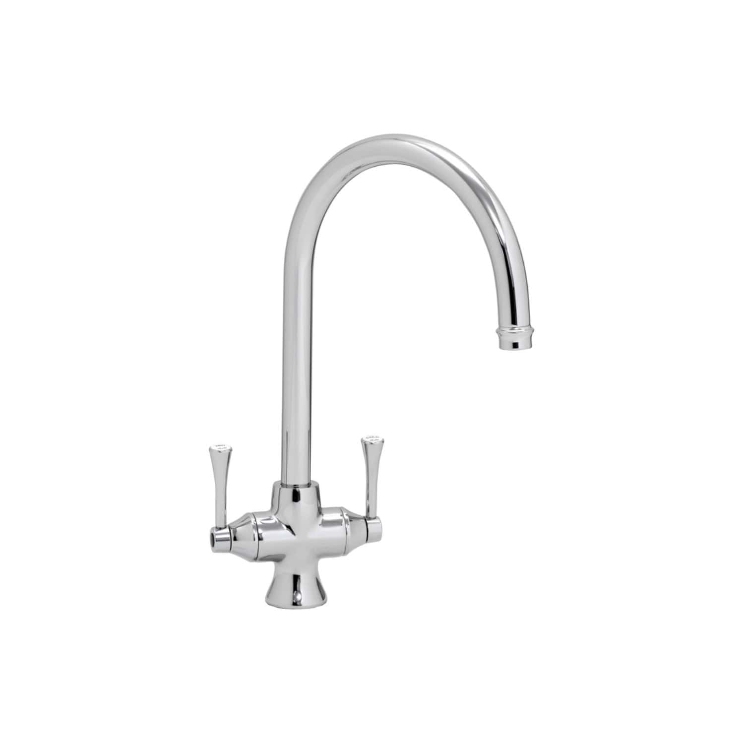 Polished chrome kitchen tap with dual handles and curved spout, ideal for modern bathroom kitchens. Suitable for hot and cold water supply, easy to install and maintain.