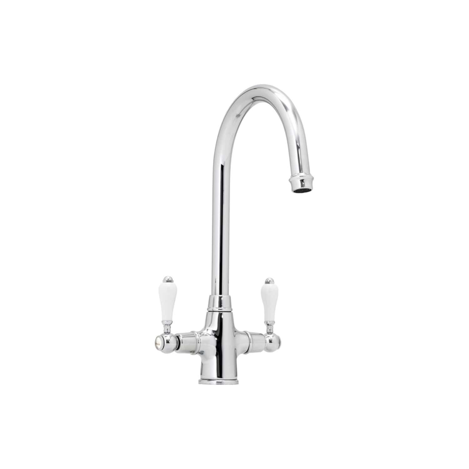 Polished chrome kitchen tap with dual white ceramic handles and high-arc spout for elegant bathroom or kitchen sink upgrade.