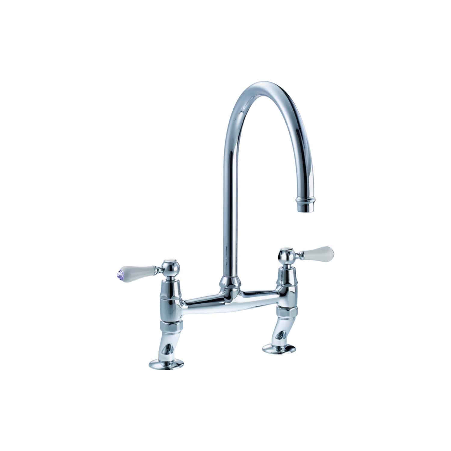 Shiny chrome kitchen tap with dual handles and high-arc spout, perfect for modern bathroom or kitchen renovations. Easy to install, durable, and stylish design.
