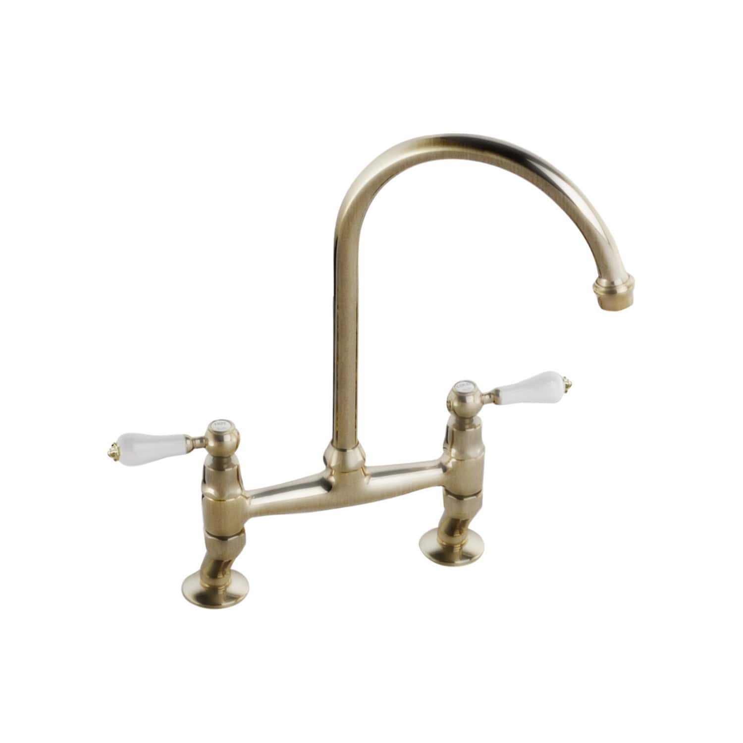 Brass kitchen sink tap with two white ceramic handles and high arched spout, traditional bathroom or kitchen fixture, vintage style plumbing, Bubly Bathrooms.