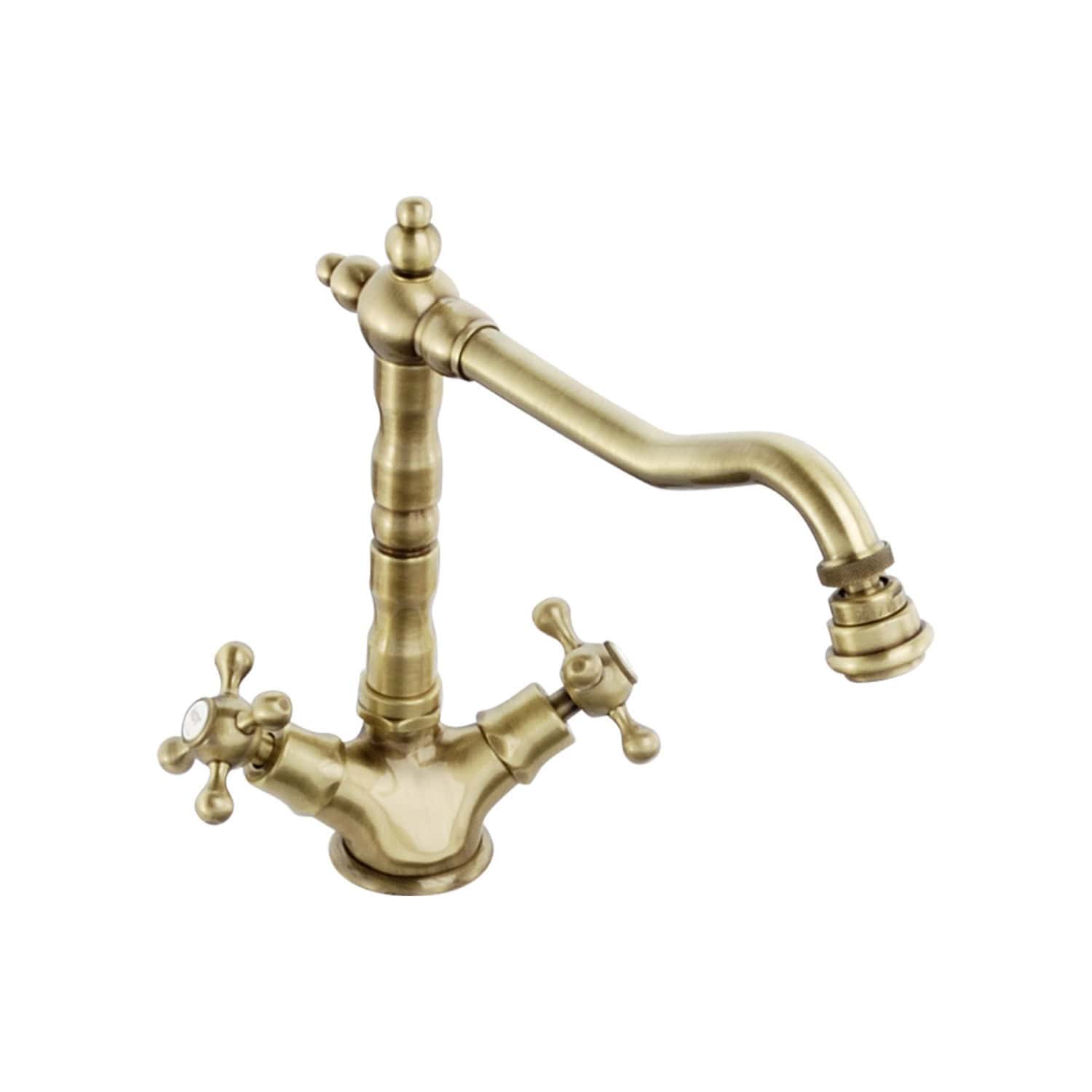 Antique brass bathroom faucet with traditional design and dual handles, suitable for vintage or classic bathroom decor.