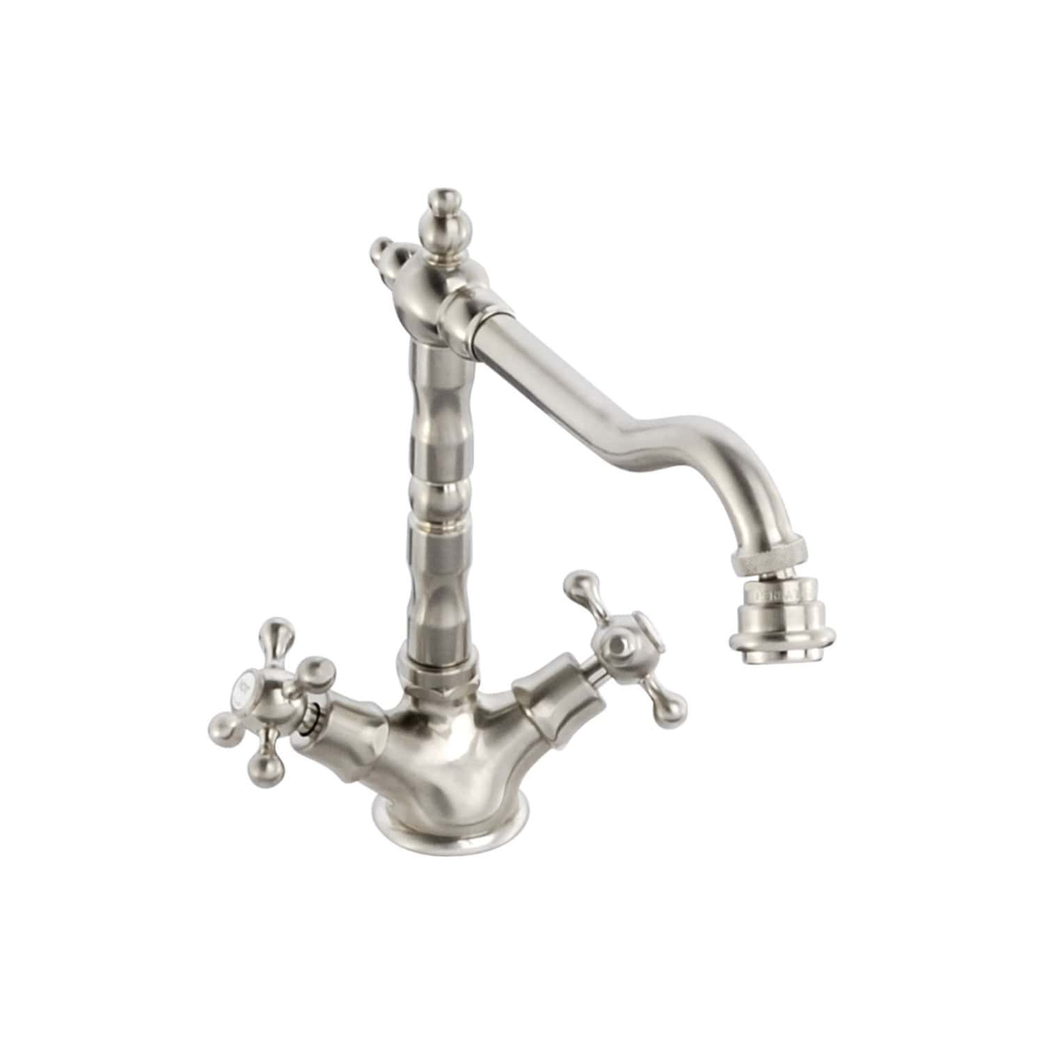 Polished stainless steel bathroom mixer tap with traditional cross handles and curved spout, ideal for classic and vintage bathroom design aesthetics.