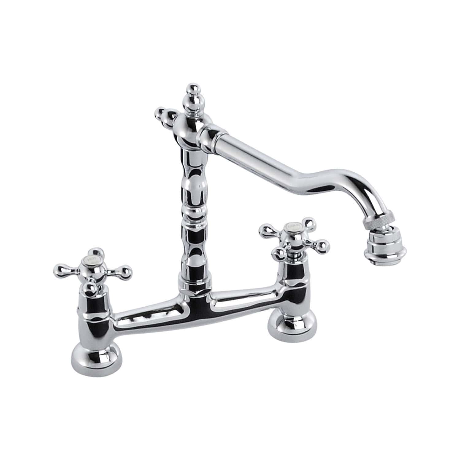 Vintage chrome kitchen sink tap with dual handles and high-arc spout from Bubly Bathrooms. Perfect for traditional bathroom or kitchen decor. Durable and stylish plumbing fixture.