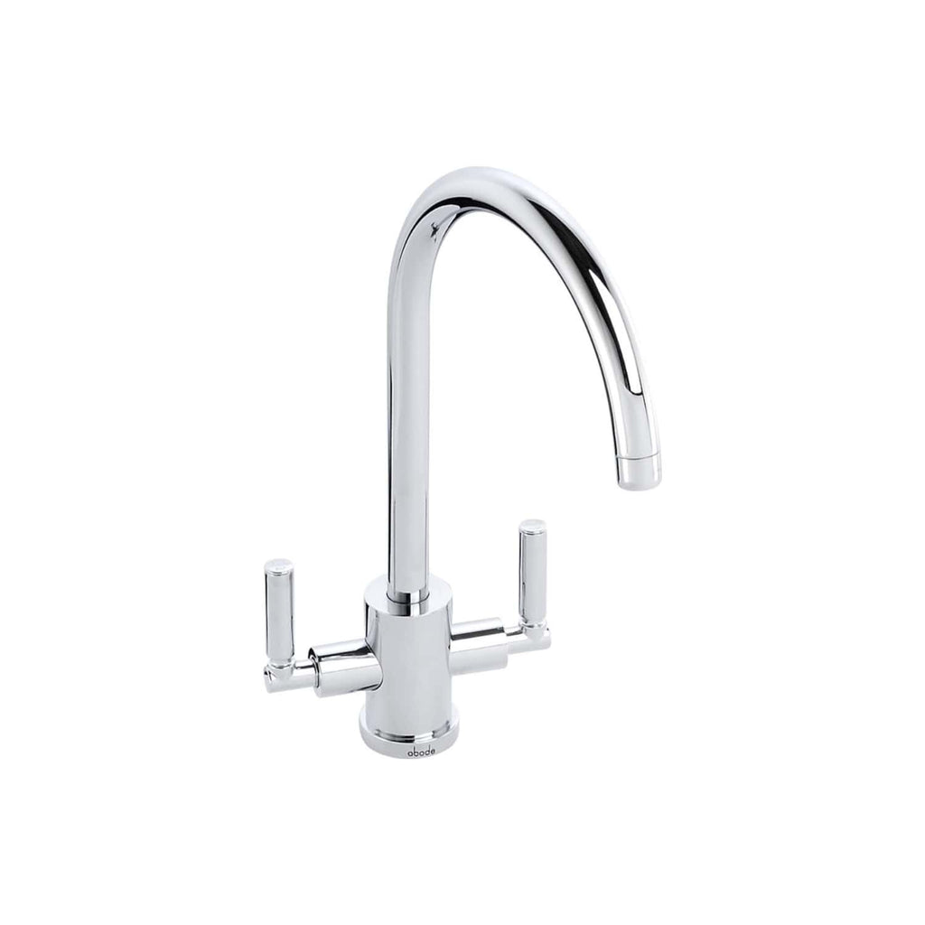 Polished chrome kitchen tap with dual levers and high-arc spout, ideal for modern bathrooms and kitchens. Durable and stylish, perfect for contemporary plumbing installations.