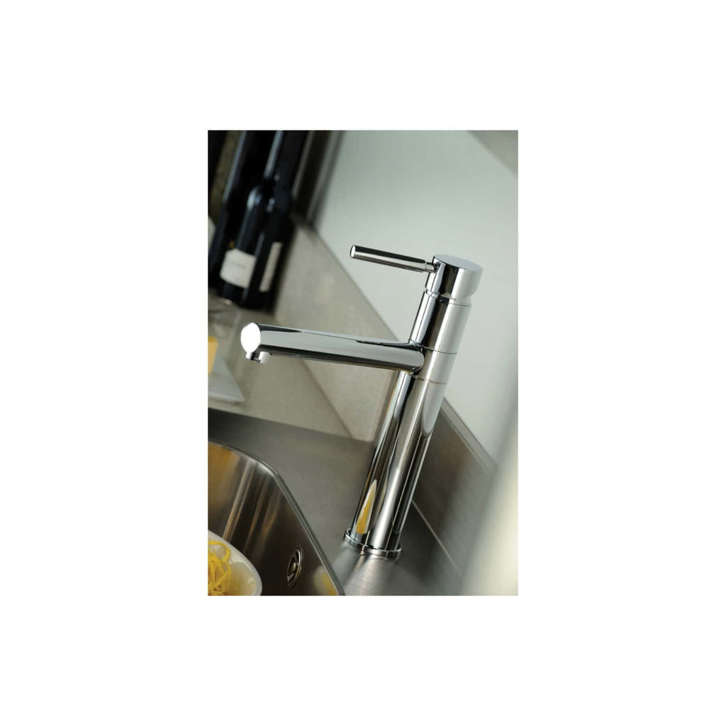 Shiny chrome kitchen tap with a modern design installed over a stainless steel sink, perfect for contemporary bathroom or kitchen renovations.