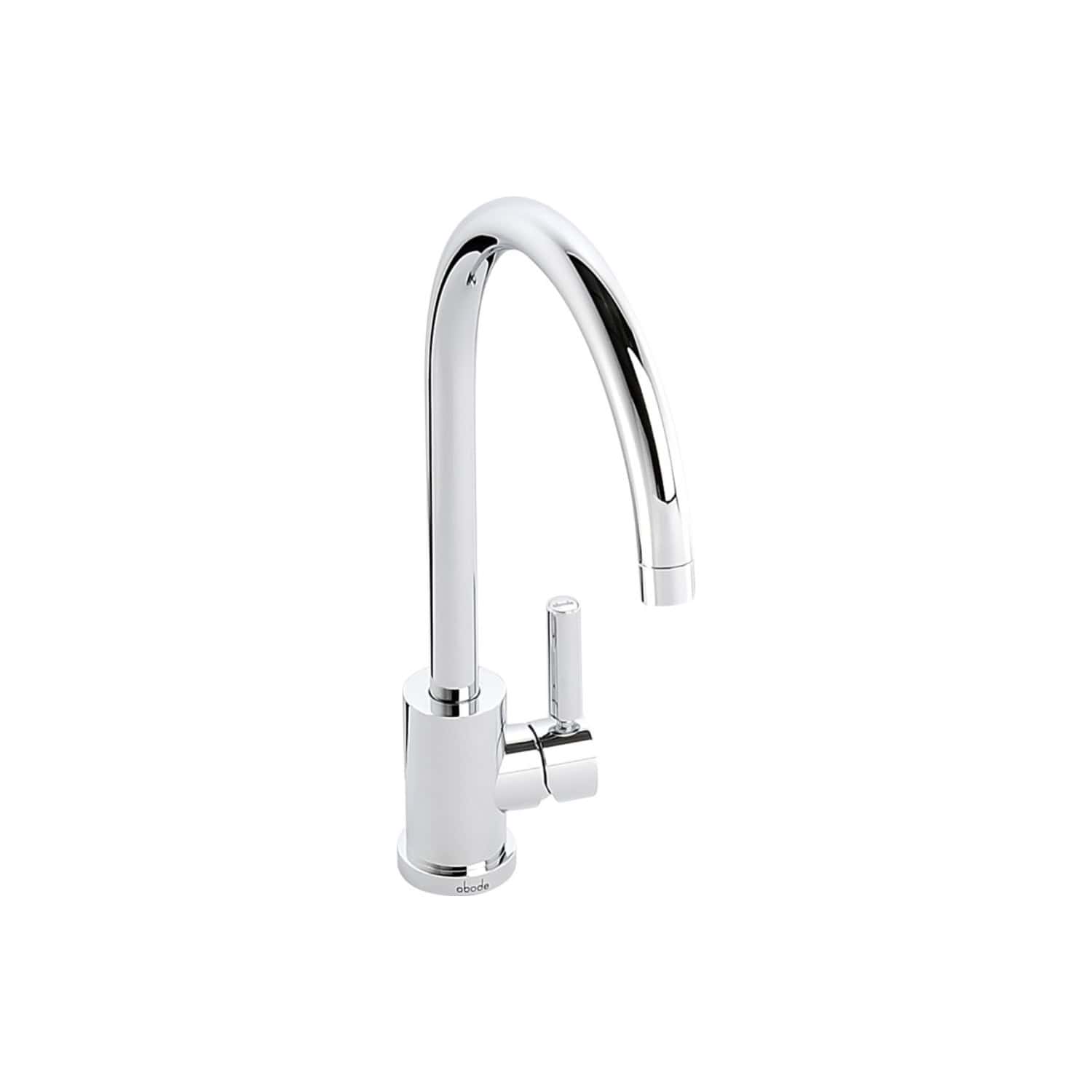 Sleek modern chrome kitchen tap with high curved spout and single lever handle, ideal for contemporary kitchen fixtures.