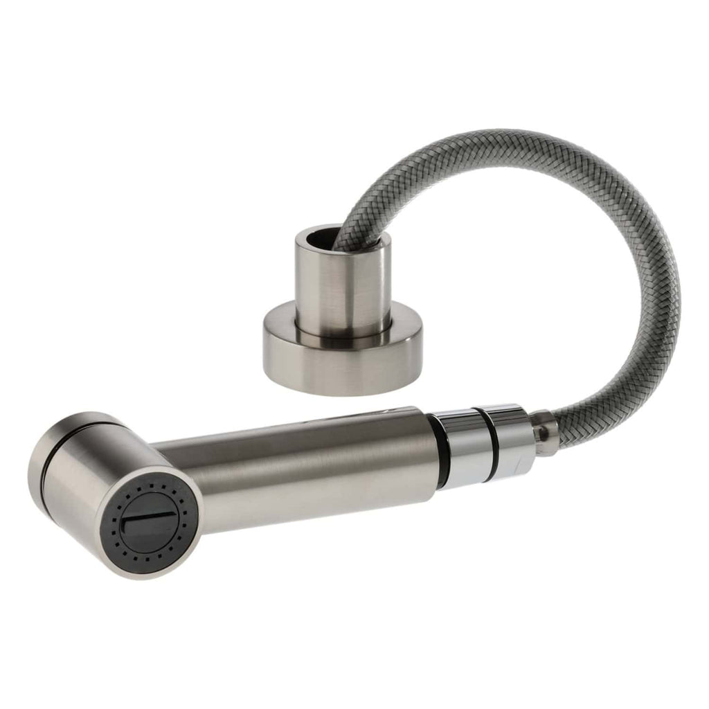 Polished stainless steel flexible kitchen sink tap with modern design for Bubly Bathrooms.