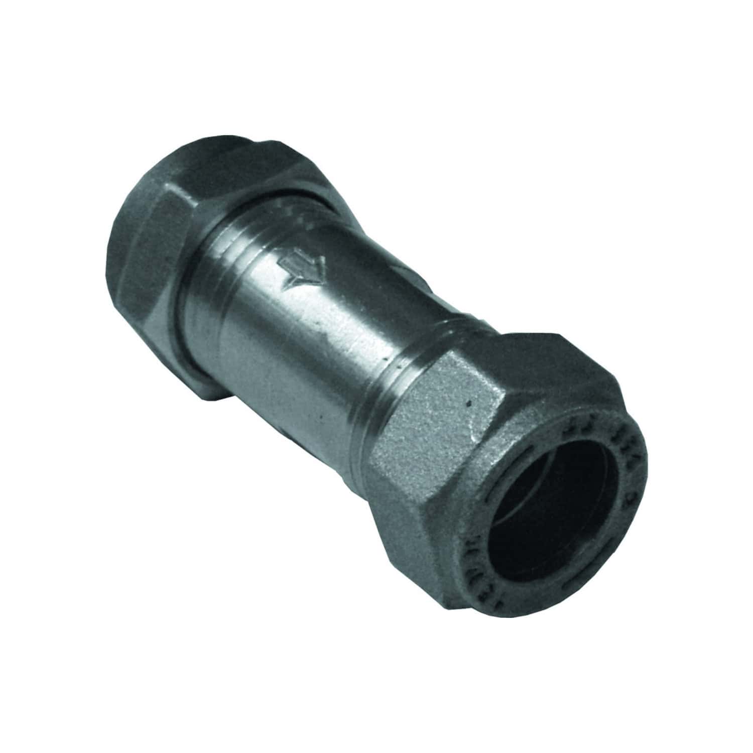 Steel pipe coupling fitting for bathroom plumbing, durable and corrosion-resistant. Suitable for connecting pipes in bathroom renovation and plumbing systems.