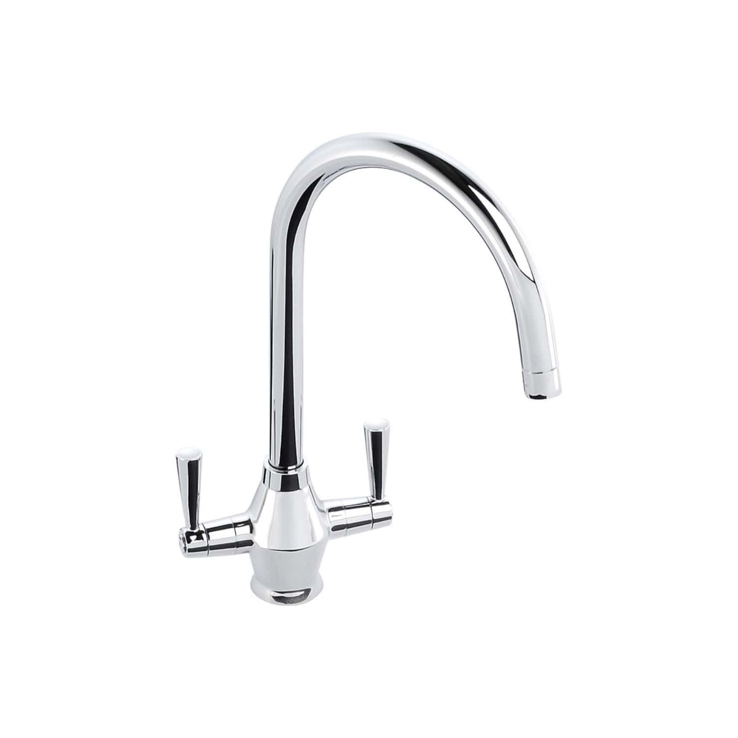 Sleek chrome kitchen tap with dual handles and high-arc spout, perfect for modern bathrooms and kitchens. Durable design, easy to operate, enhances bathroom aesthetics, and provides reliable water flow.