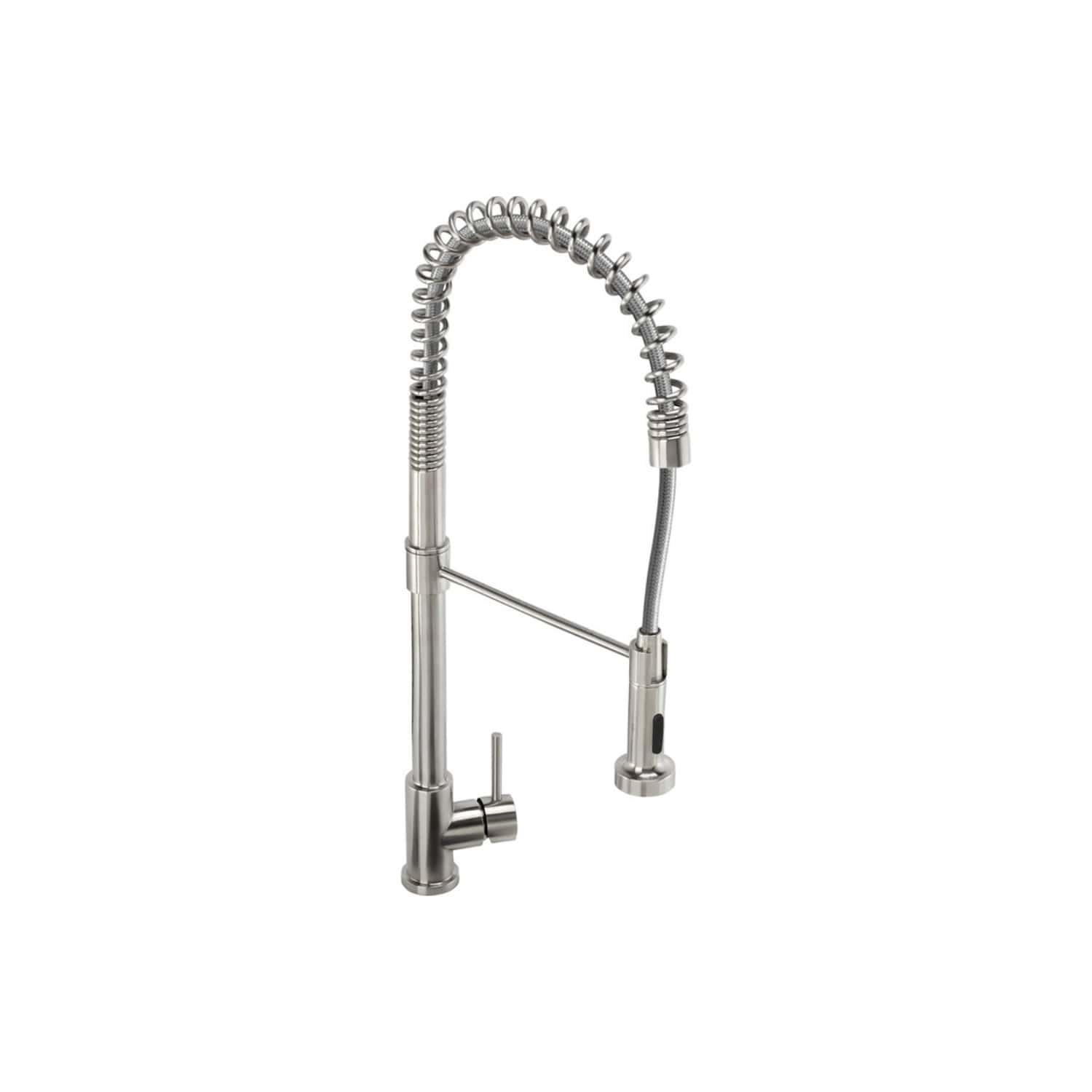 Sleek stainless steel kitchen tap with flexible spring pull-out spout, ideal for modern bathrooms and kitchens, providing versatile water flow and easy cleaning.