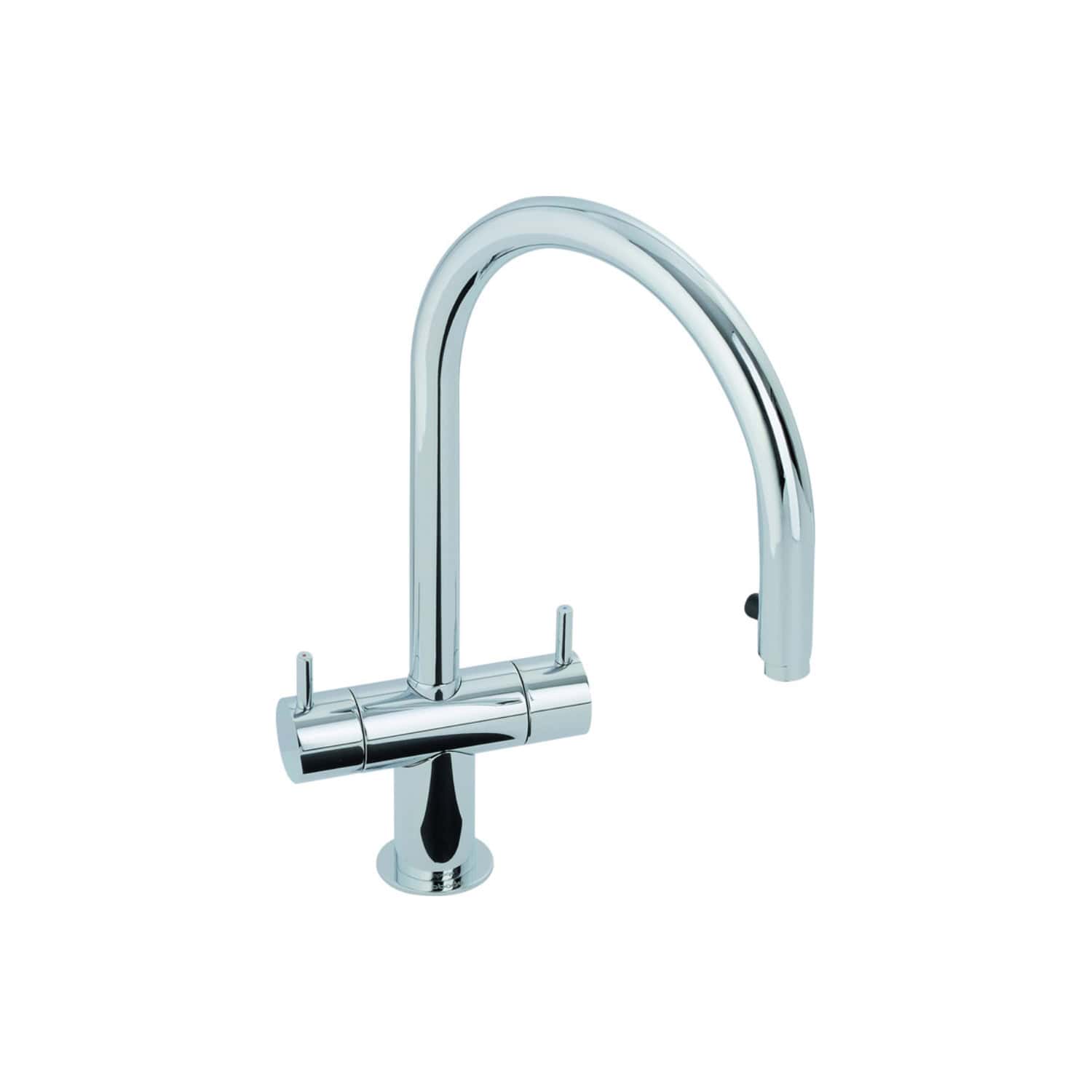 Chrome kitchen tap with high-arc spout and ceramic lever, ideal for modern bathroom and kitchen installations. Durable and sleek design enhances overall bathroom aesthetic.