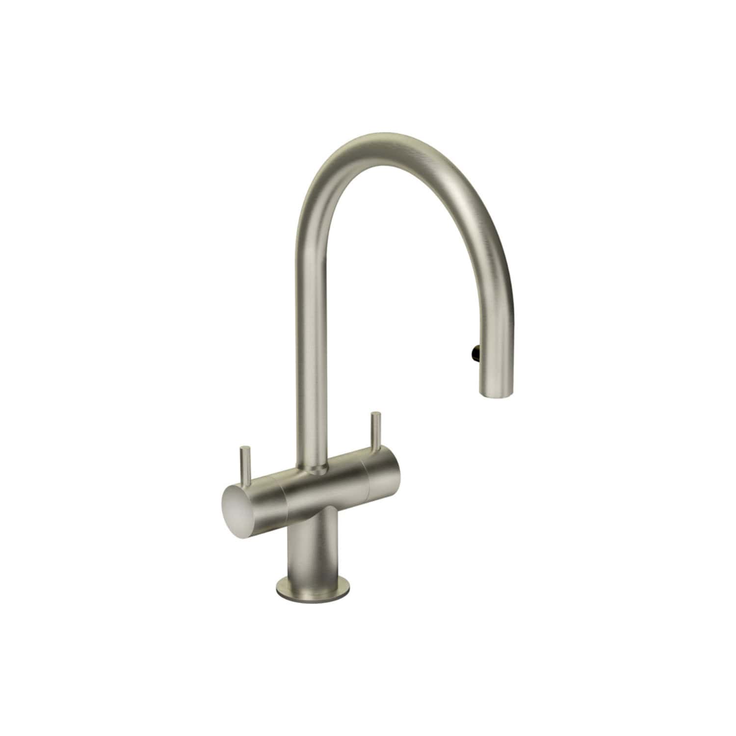 Sleek stainless steel kitchen tap with high-arc spout, ideal for modern bathrooms or kitchens, offering durability and contemporary style. Perfect for efficient water flow and easy cleaning.