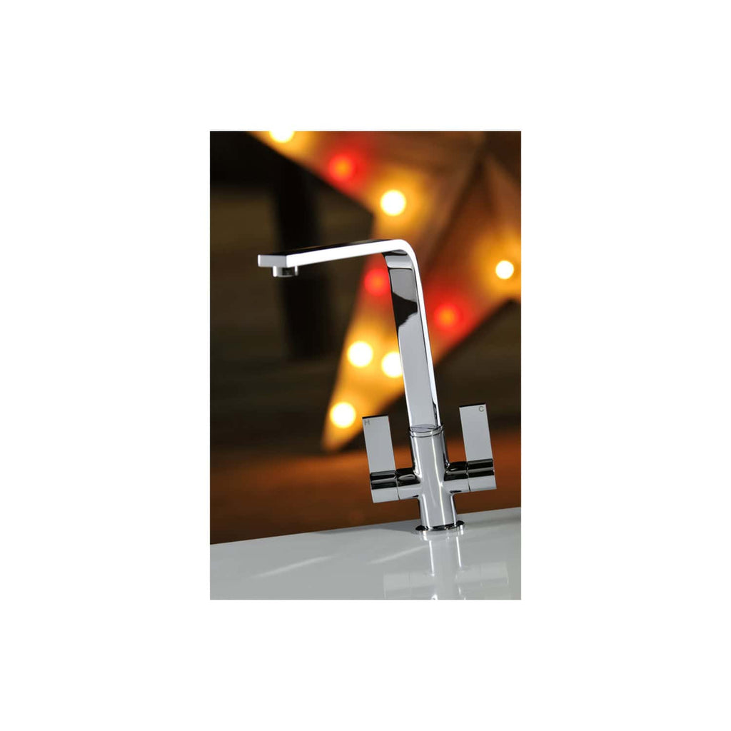 Futuristic chrome bathroom tap with sleek design, ideal for modern bathroom upgrades, shown against a blurred decorative background.