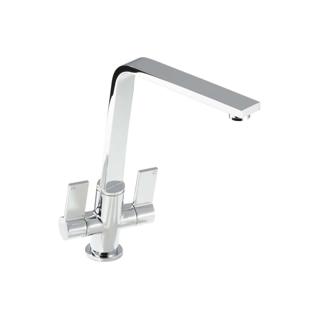 Sleek modern chrome bathroom mixer tap with dual handles and a contemporary design, perfect for stylish kitchen or bathroom installations.