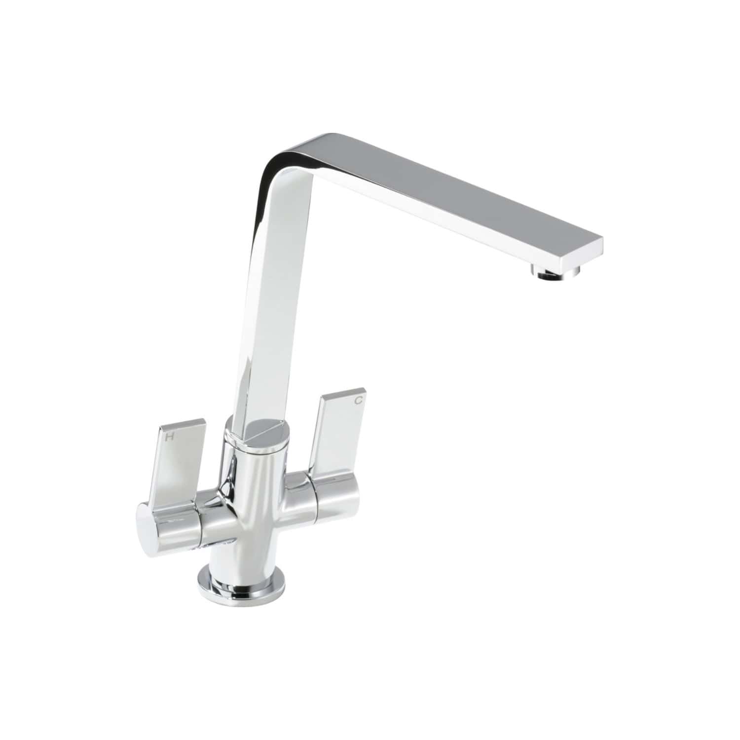 Sleek modern chrome bathroom mixer tap with dual handles and a contemporary design, perfect for stylish kitchen or bathroom installations.