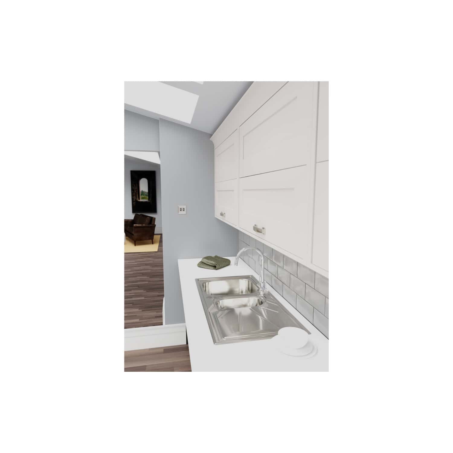 Modern white kitchen with stainless steel sink, minimalist design, grey tiled backsplash, and ample storage cabinets, connecting seamlessly to a living space.