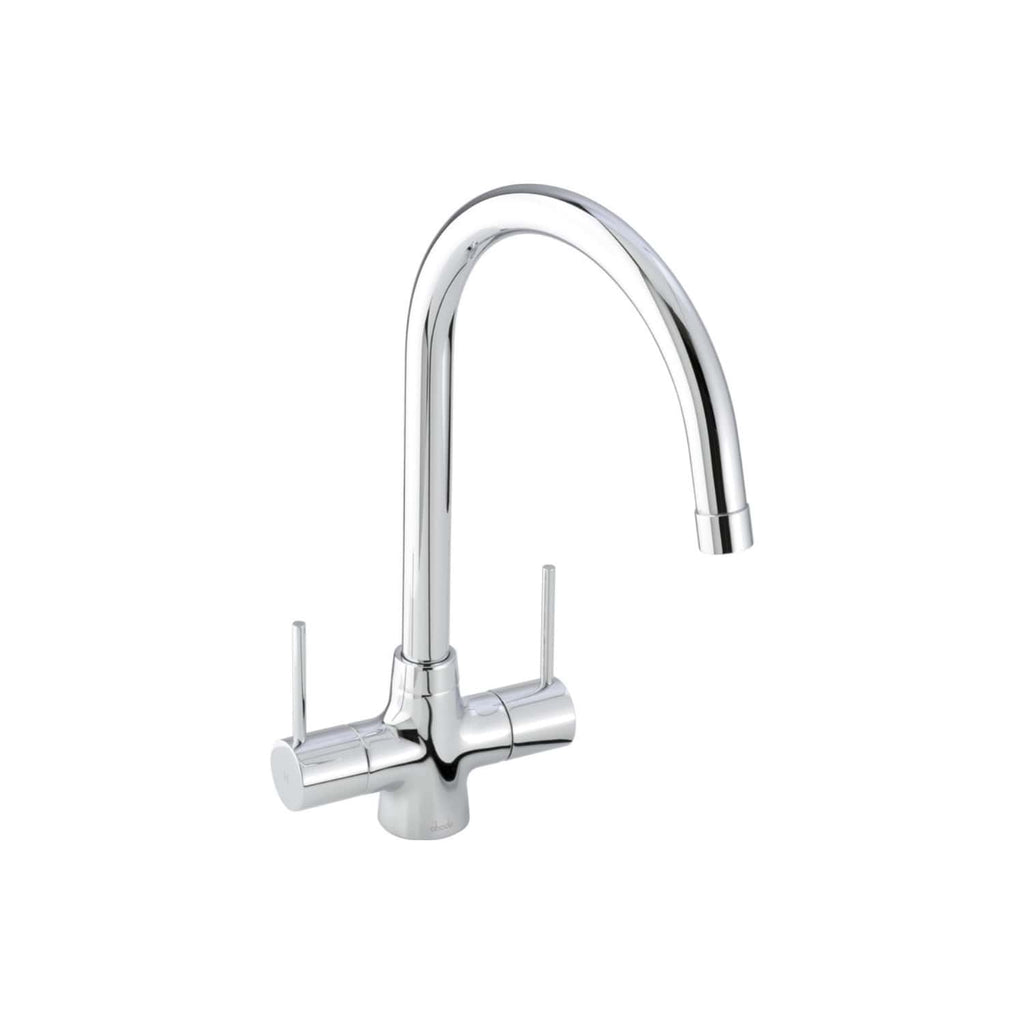 Sleek chrome kitchen tap with dual lever handles and high-arc spout, ideal for modern bathrooms and kitchens. Durable, easy to clean design enhances plumbing functionality and style.
