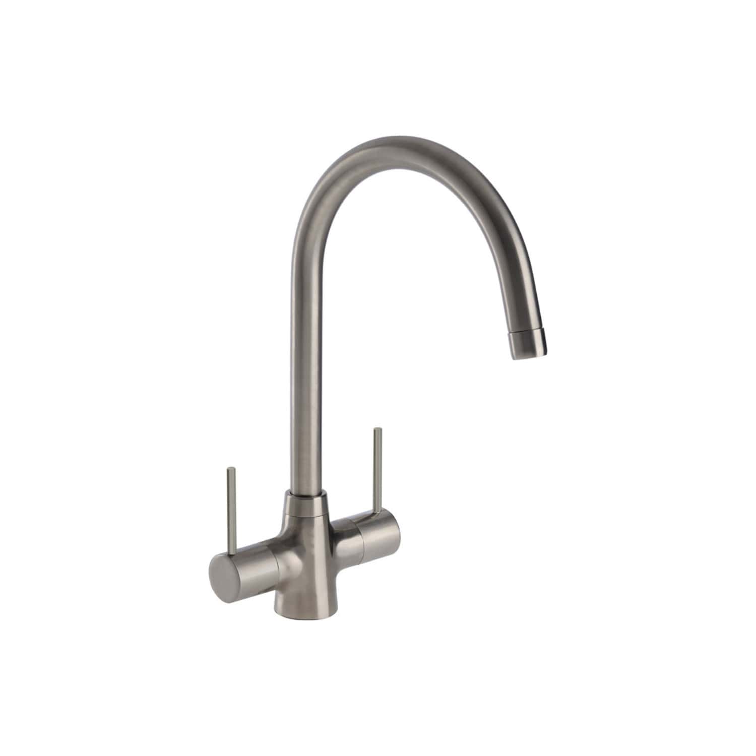 Stainless steel kitchen tap with high arc, modern design, suitable for contemporary bathrooms and kitchens. Features a durable finish, dual handles, and easy installation.