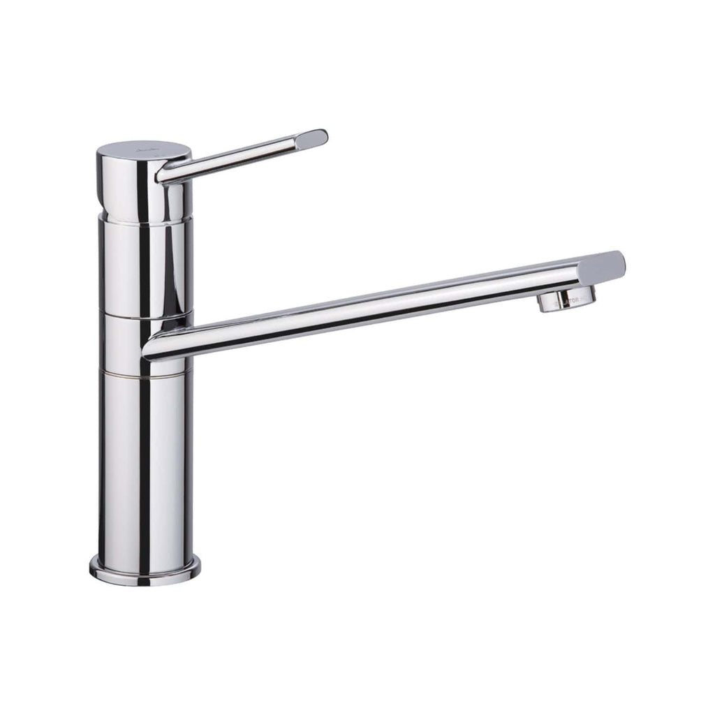 Sleek chrome kitchen tap with single lever handle, modern design ideal for contemporary bathroom or kitchen renovations.