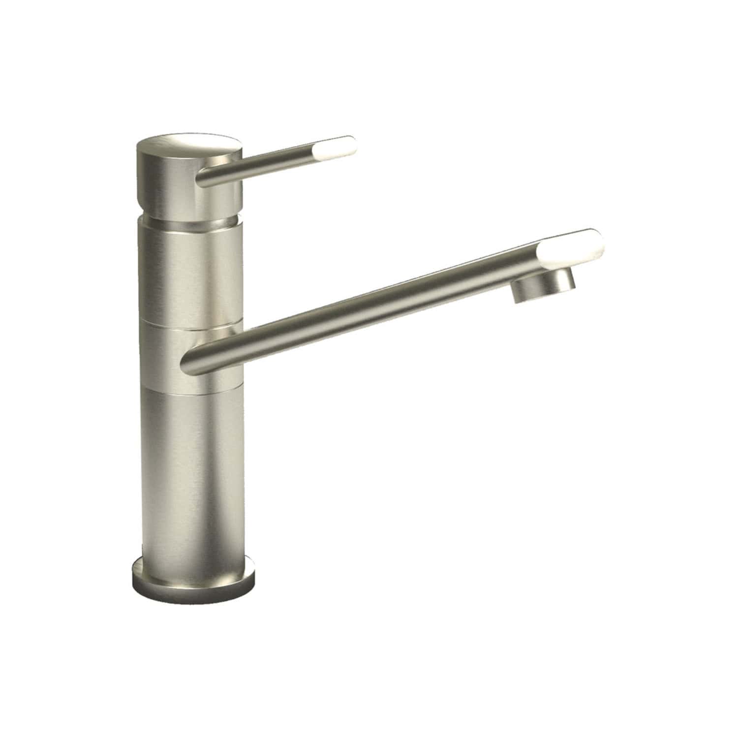 Sleek stainless steel kitchen tap with modern minimalist design, featuring a single handle for easy water control and a high-arc spout for versatile use. Suitable for contemporary bathrooms and kitchens.