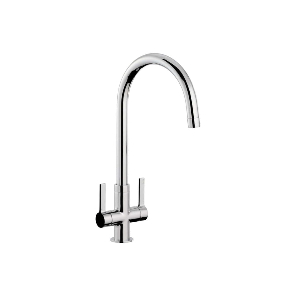 Sleek chrome kitchen tap with high-arc spout and dual levers, ideal for modern Bubly bathrooms and kitchens, providing durable and stylish functionality.