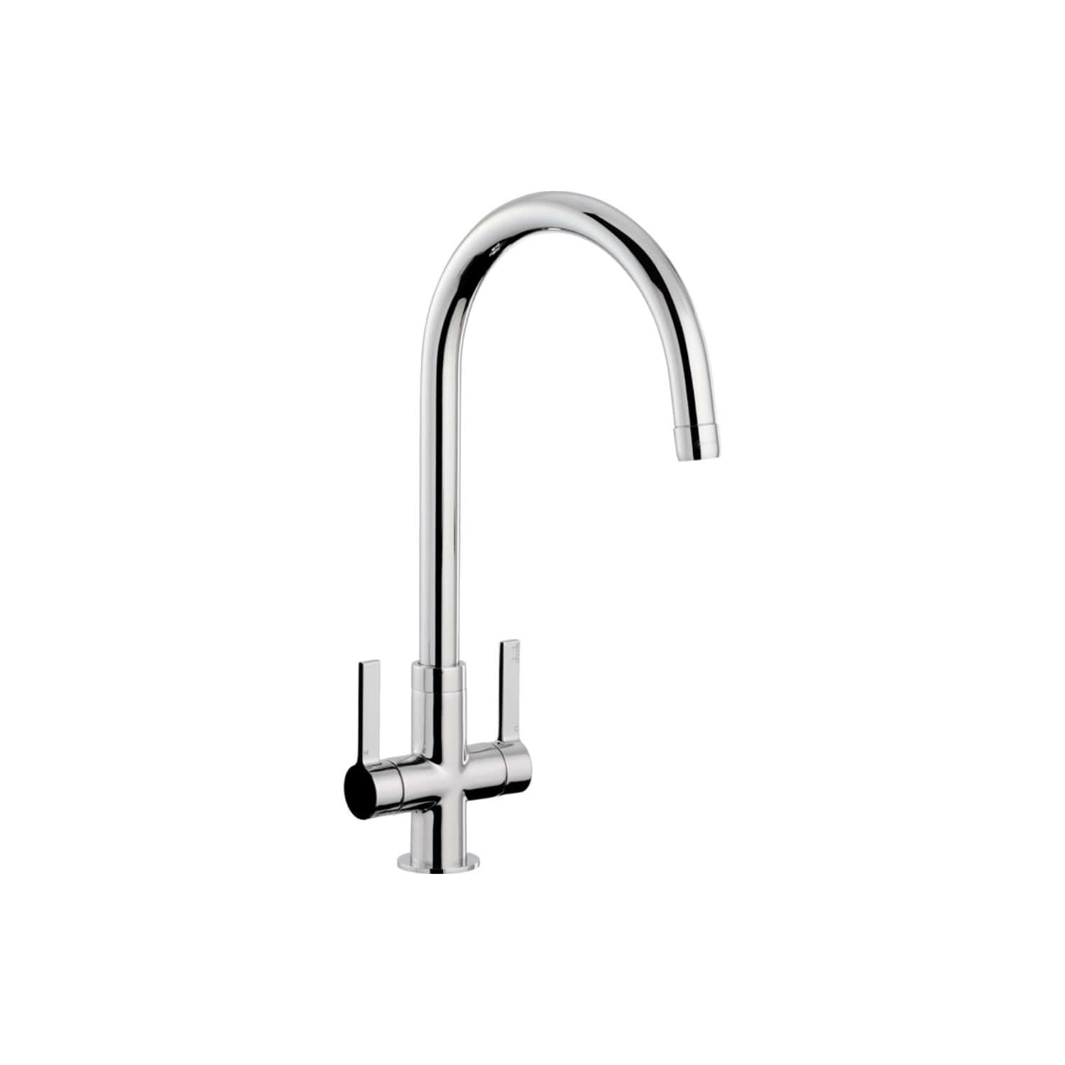 Sleek chrome kitchen tap with high-arc spout and dual levers, ideal for modern Bubly bathrooms and kitchens, providing durable and stylish functionality.