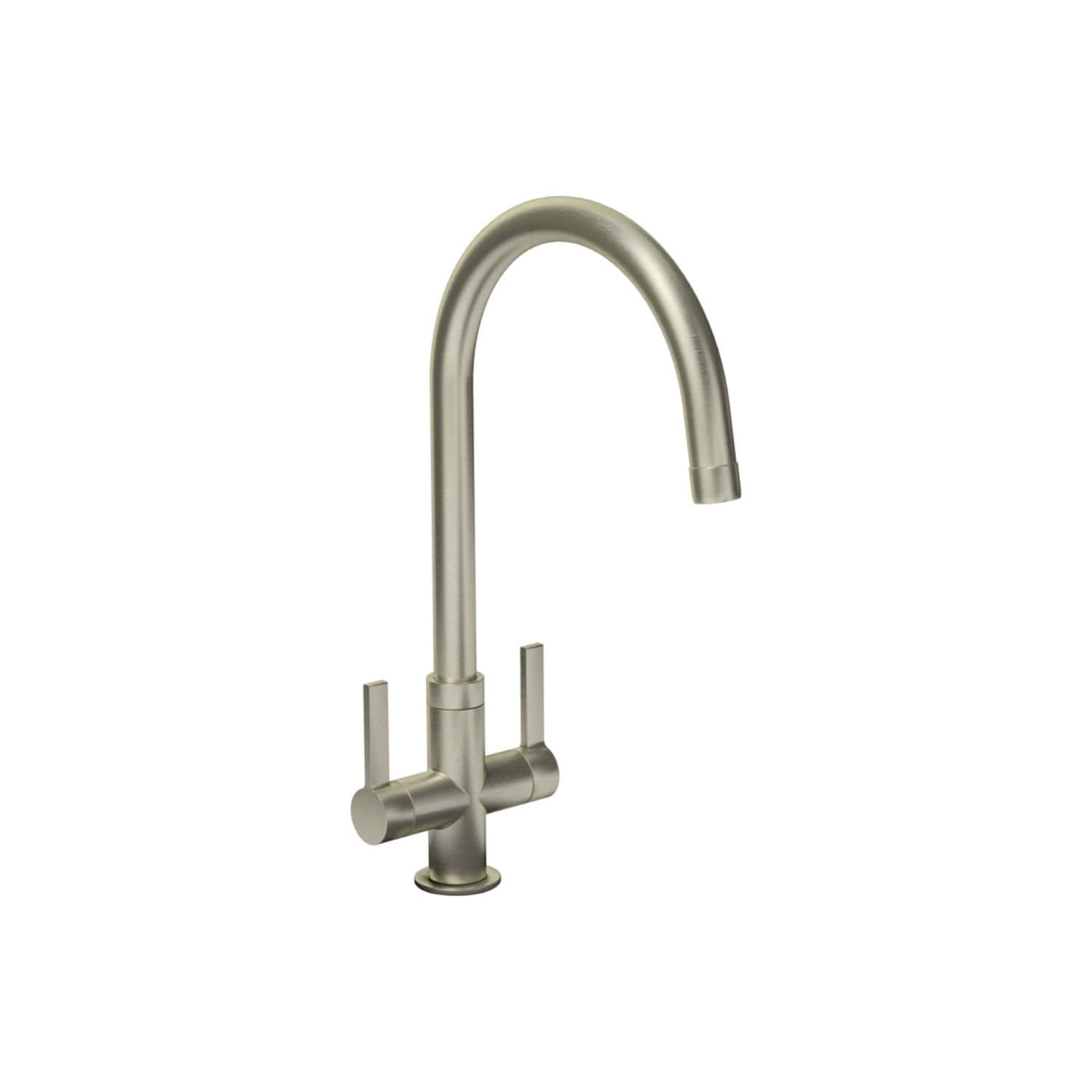 Stainless steel kitchen tap with a high-arc design, dual lever handles, and modern finish, ideal for contemporary bathrooms or kitchens. Perfect for ease of use and stylish appeal.
