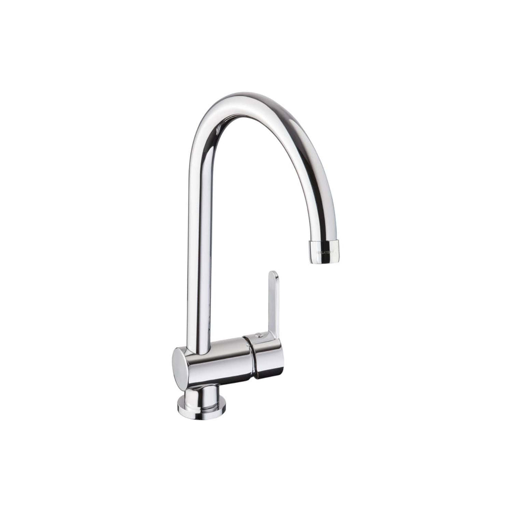 Sleek chrome kitchen tap with high-arc spout, modern design, perfect for contemporary bathrooms and kitchens, providing efficient water flow and stylish appearance from Bubly Bathrooms.