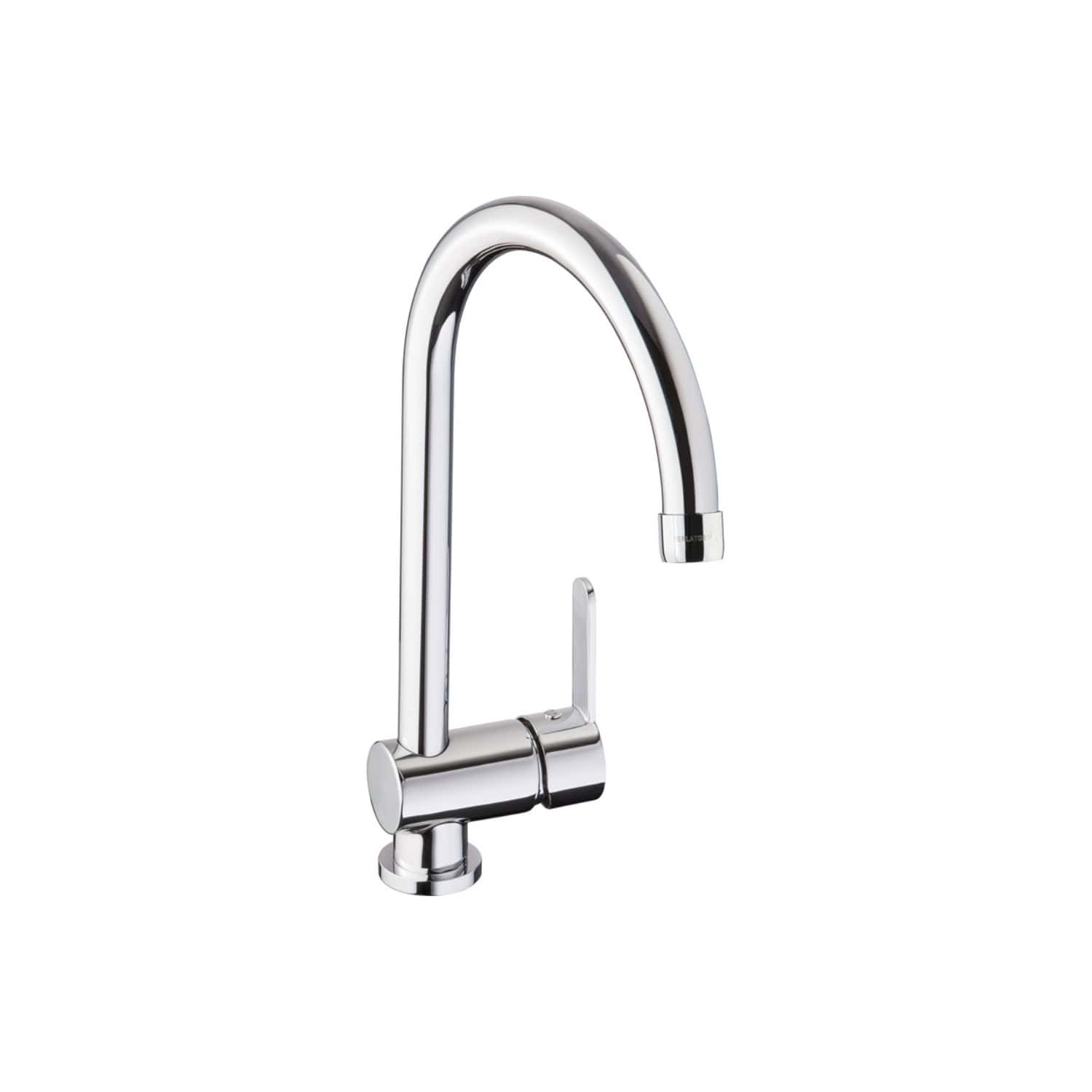 Sleek chrome kitchen tap with high-arc spout, modern design, perfect for contemporary bathrooms and kitchens, providing efficient water flow and stylish appearance from Bubly Bathrooms.