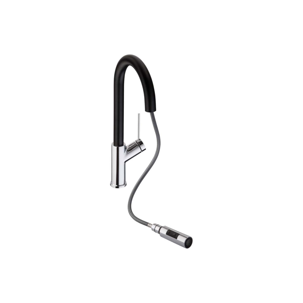 Sleek modern black and silver kitchen tap with a flexible hose and integrated spray head, perfect for contemporary Bubly Bathrooms kitchens, combining style and functionality.