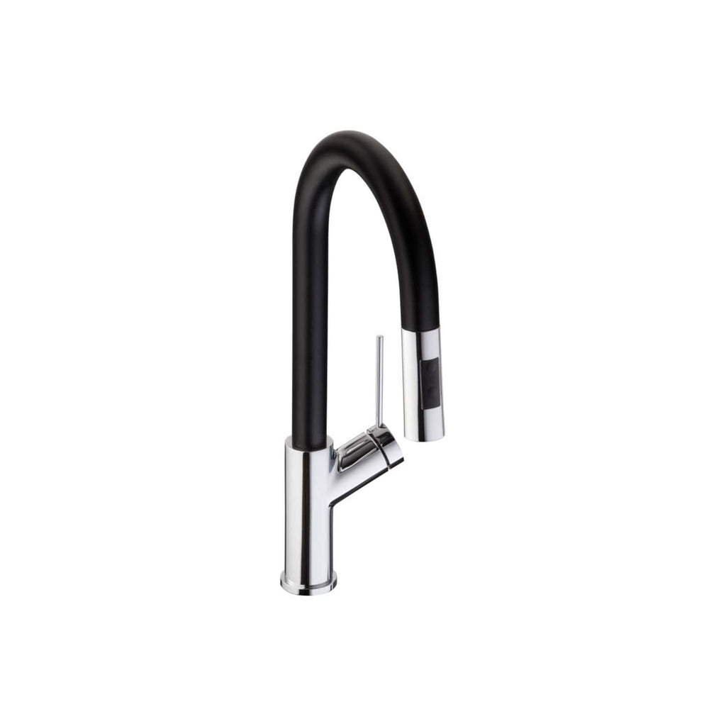 Sleek black and chrome kitchen tap with a high-arc spout and modern design, ideal for contemporary bathrooms and kitchens, offering style and functionality.