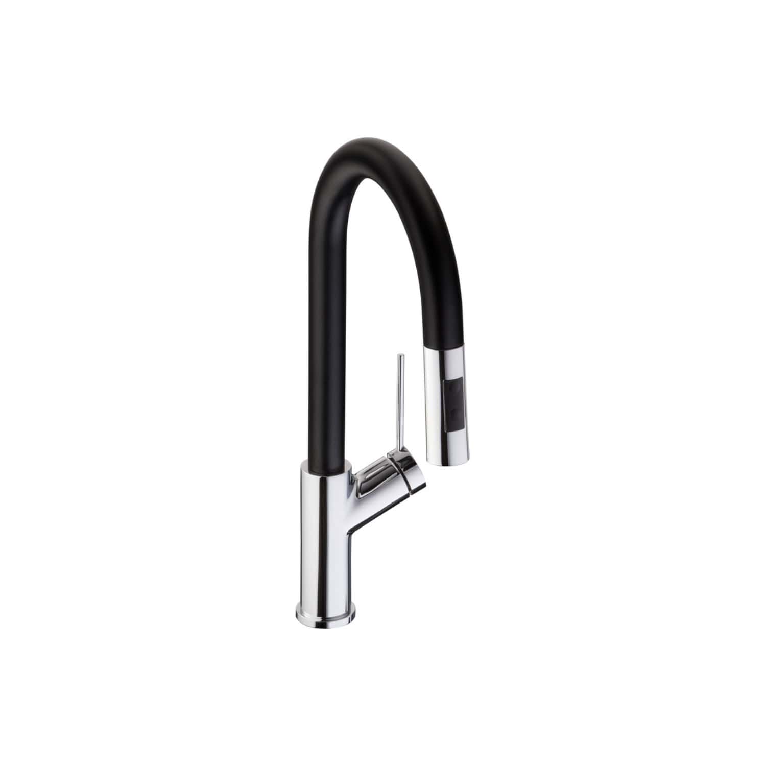 Sleek black and chrome kitchen tap with a high-arc spout and modern design, ideal for contemporary bathrooms and kitchens, offering style and functionality.