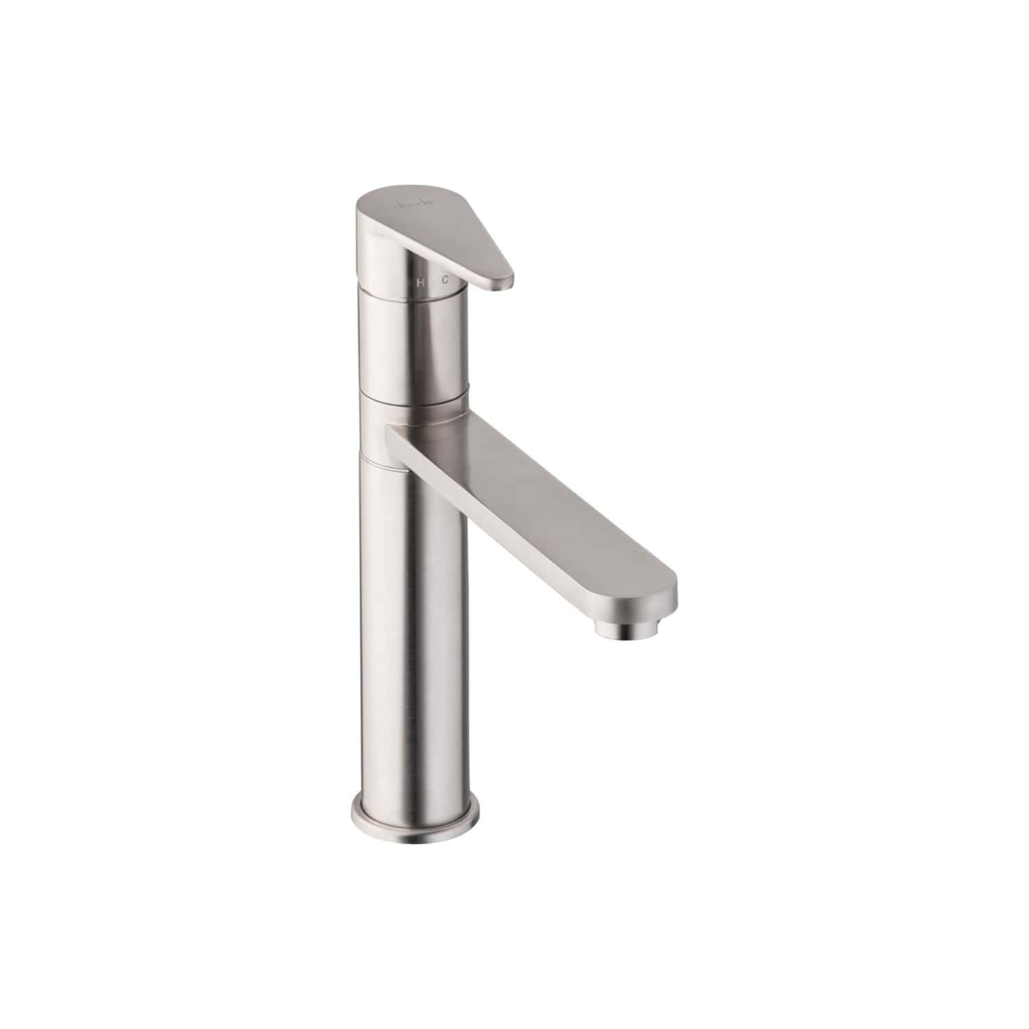 Sleek stainless steel bathroom basin mixer tap on a white background. Modern design, single lever control, ideal for contemporary bathrooms and kitchen sinks.