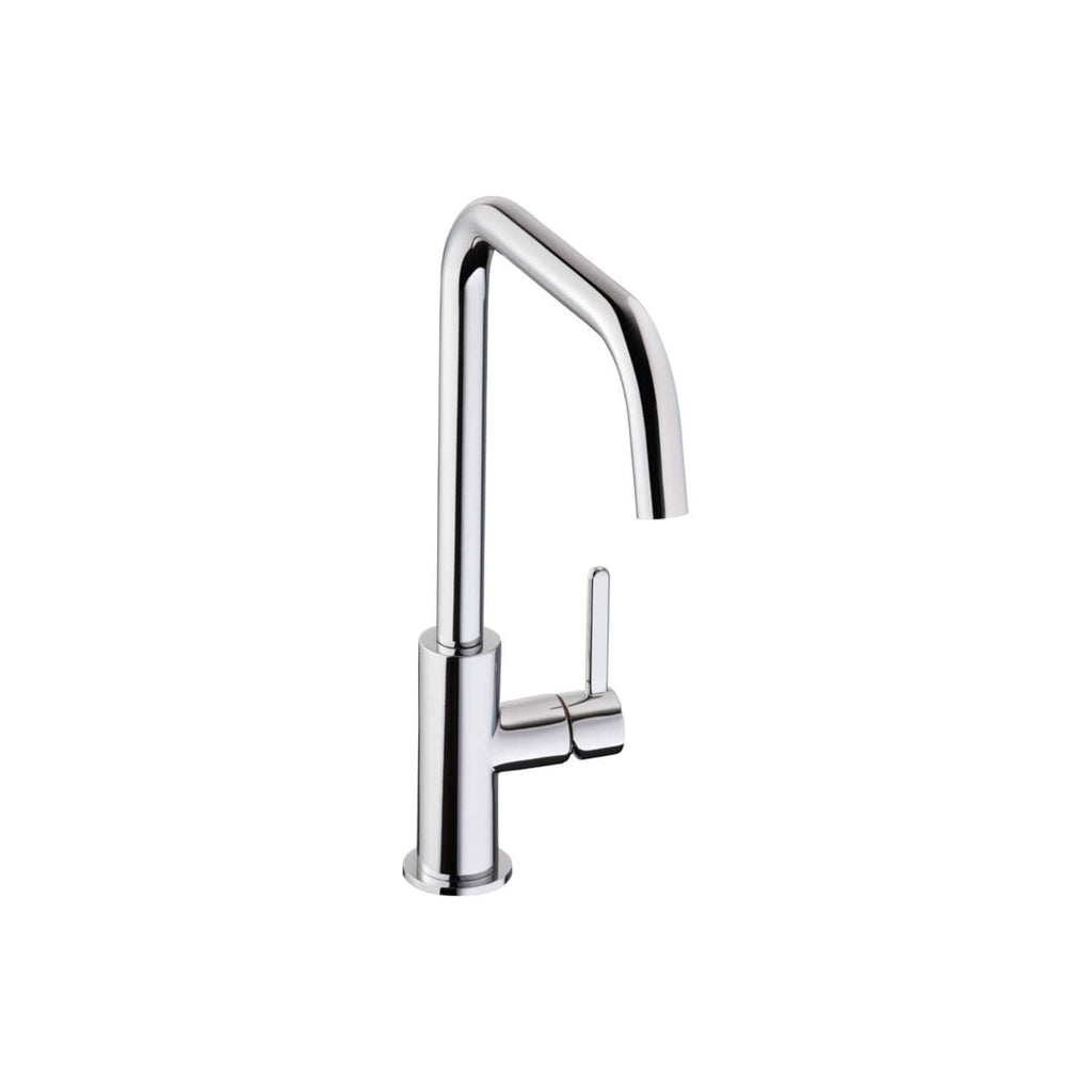 Sleek modern chrome kitchen mixer tap with high-arc spout and single lever handle, perfect for contemporary bathrooms or kitchens, showcasing premium quality and stylish design.