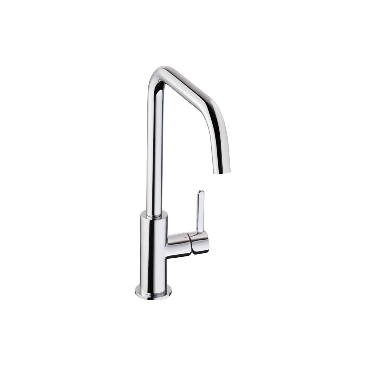 Sleek modern chrome kitchen mixer tap with high-arc spout and single lever handle, perfect for contemporary bathrooms or kitchens, showcasing premium quality and stylish design.