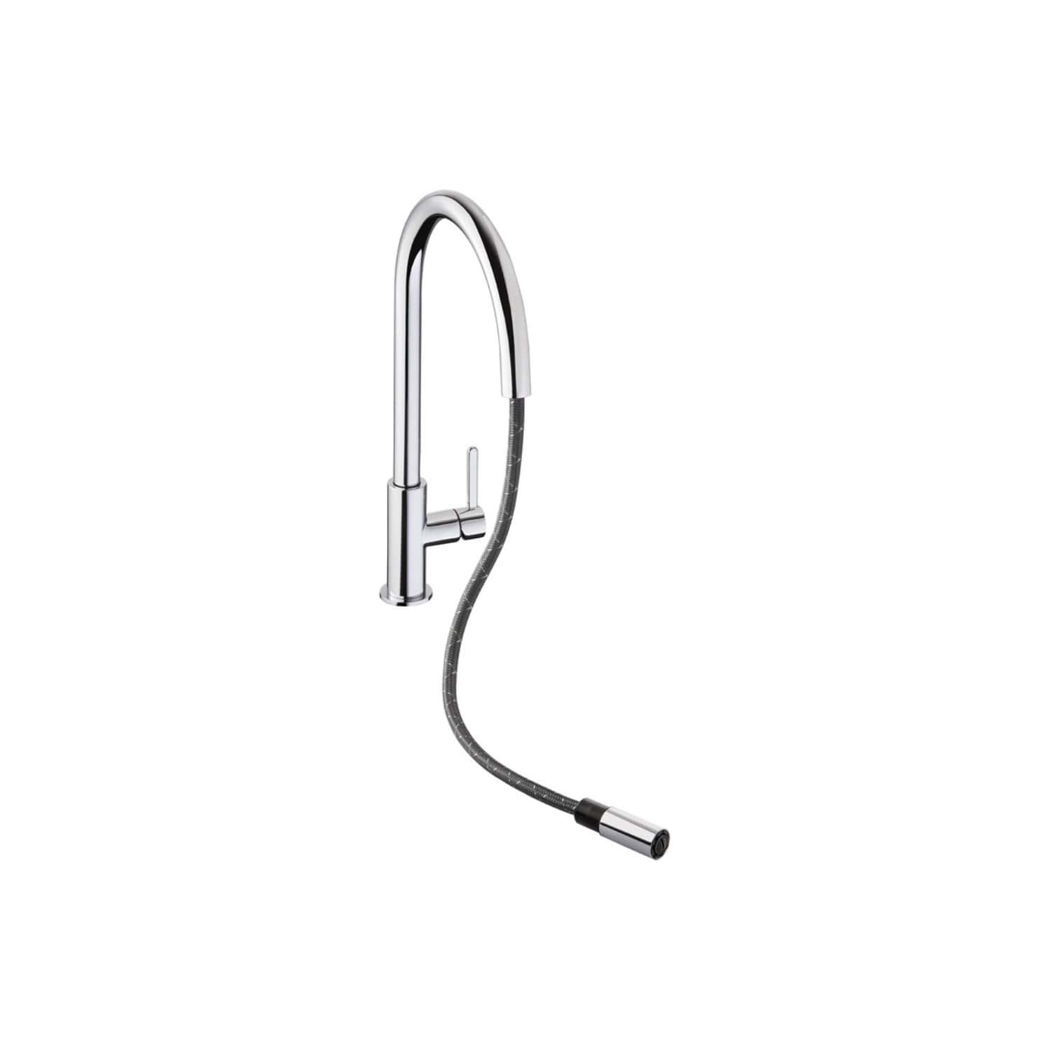 Sleek chrome kitchen tap with flexible hose and modern design, ideal for contemporary bathroom or kitchen renovation.