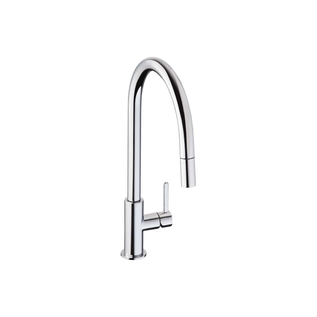 Sleek chrome kitchen tap with high-arc spout, modern design, and single lever for easy temperature and flow control, perfect for contemporary Bubly Bathrooms kitchens.